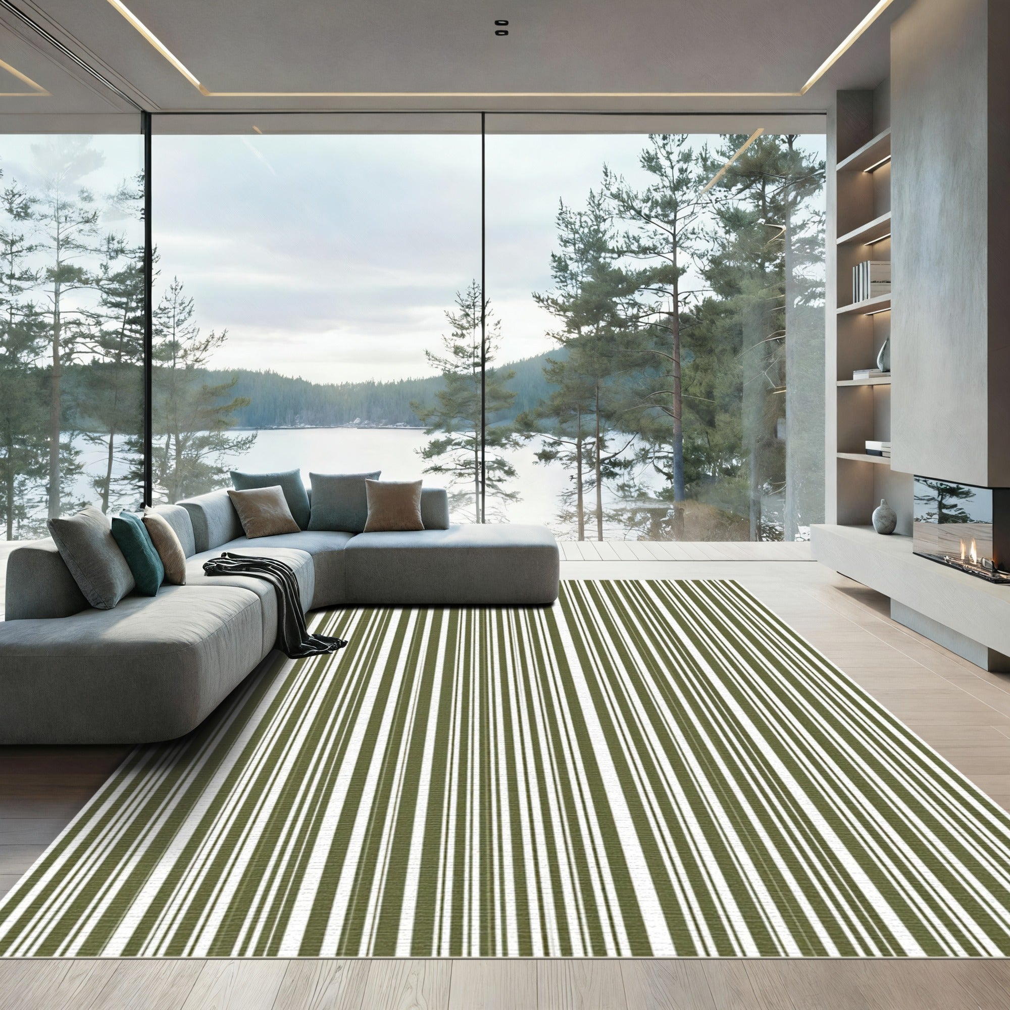 Olive White Vertical Stripe Rug