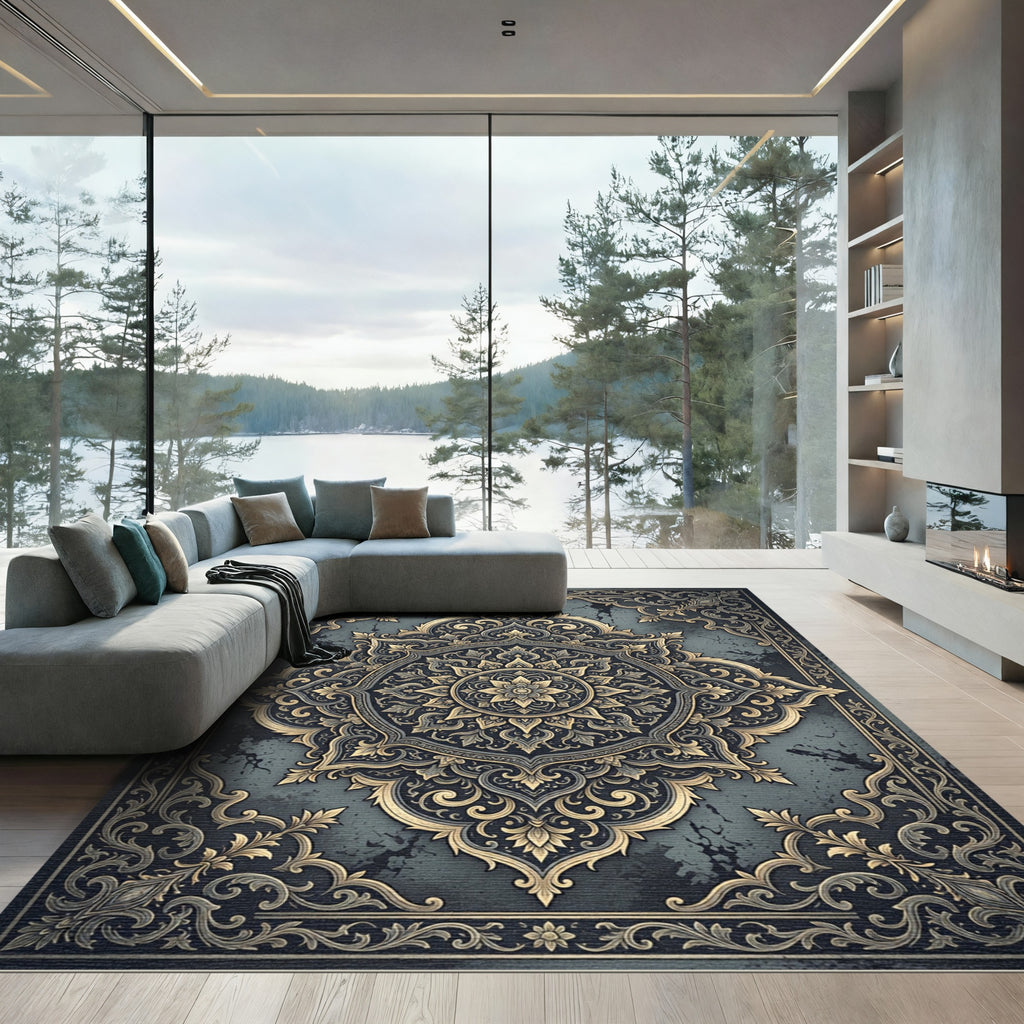 Ornate Gold and Teal Mandala Rug