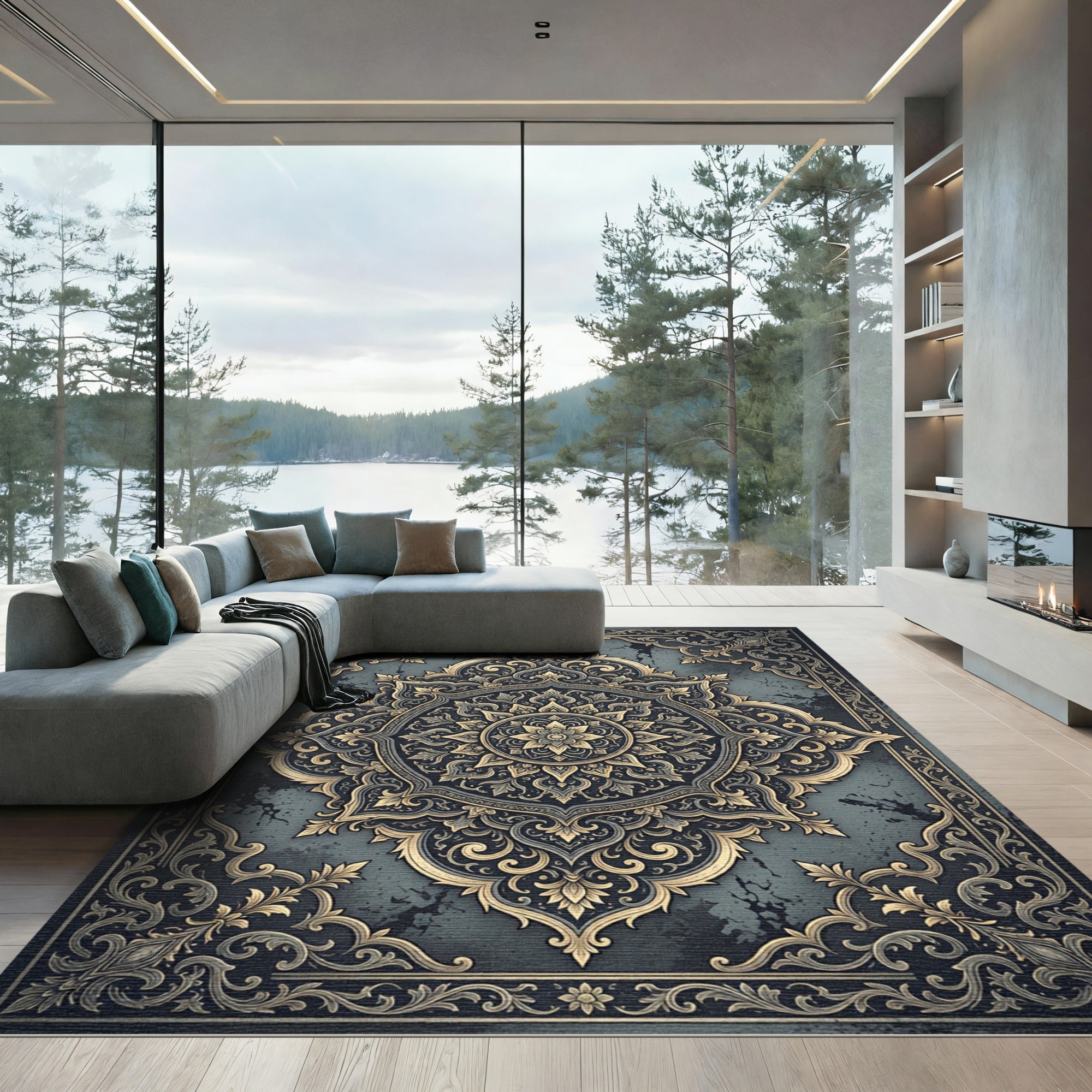 Ornate Gold and Teal Mandala Rug