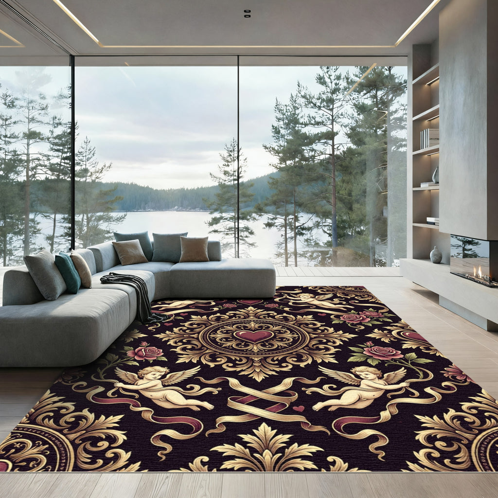 Baroque Cupid Heart Floral Damask Rug