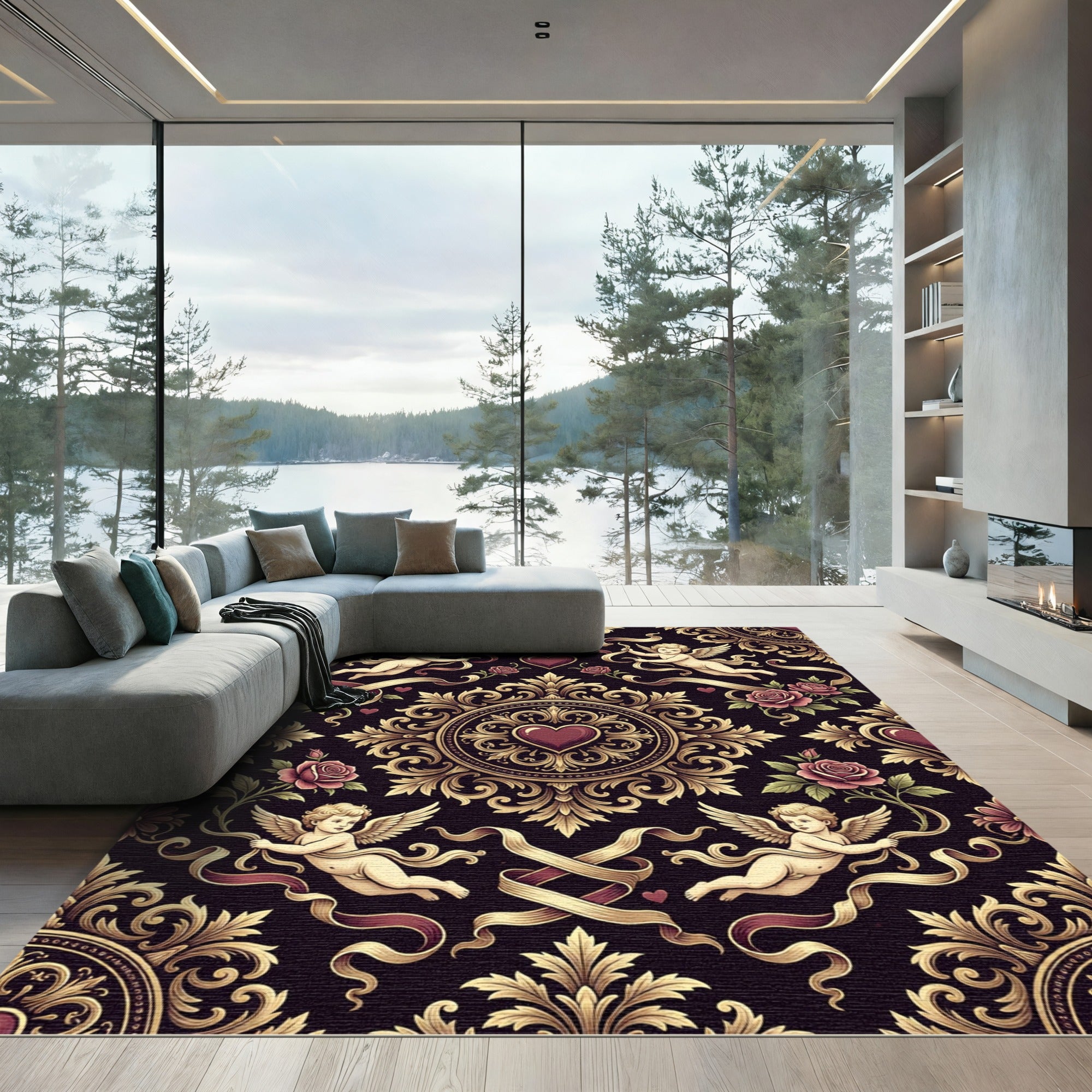 Baroque Cupid Heart Floral Damask Rug