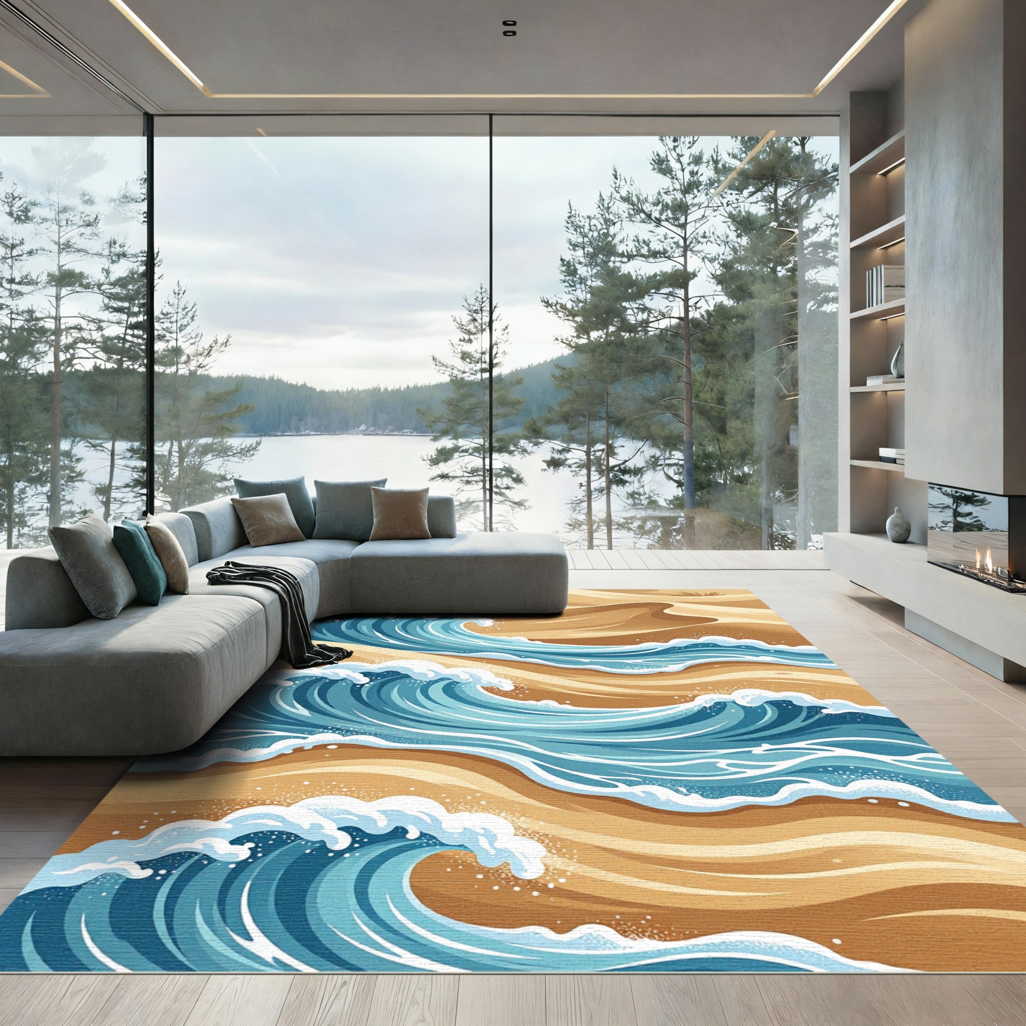 Earthy Sand Dunes and Blue Waves Rug