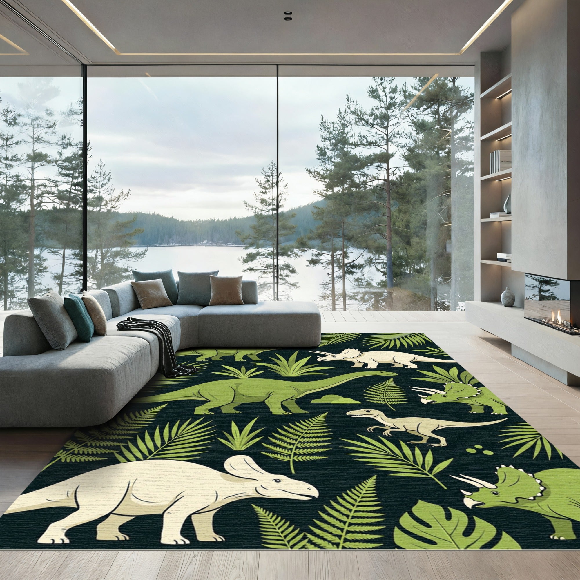 Whimsical Green Tropical Dinosaur Foliage Rug