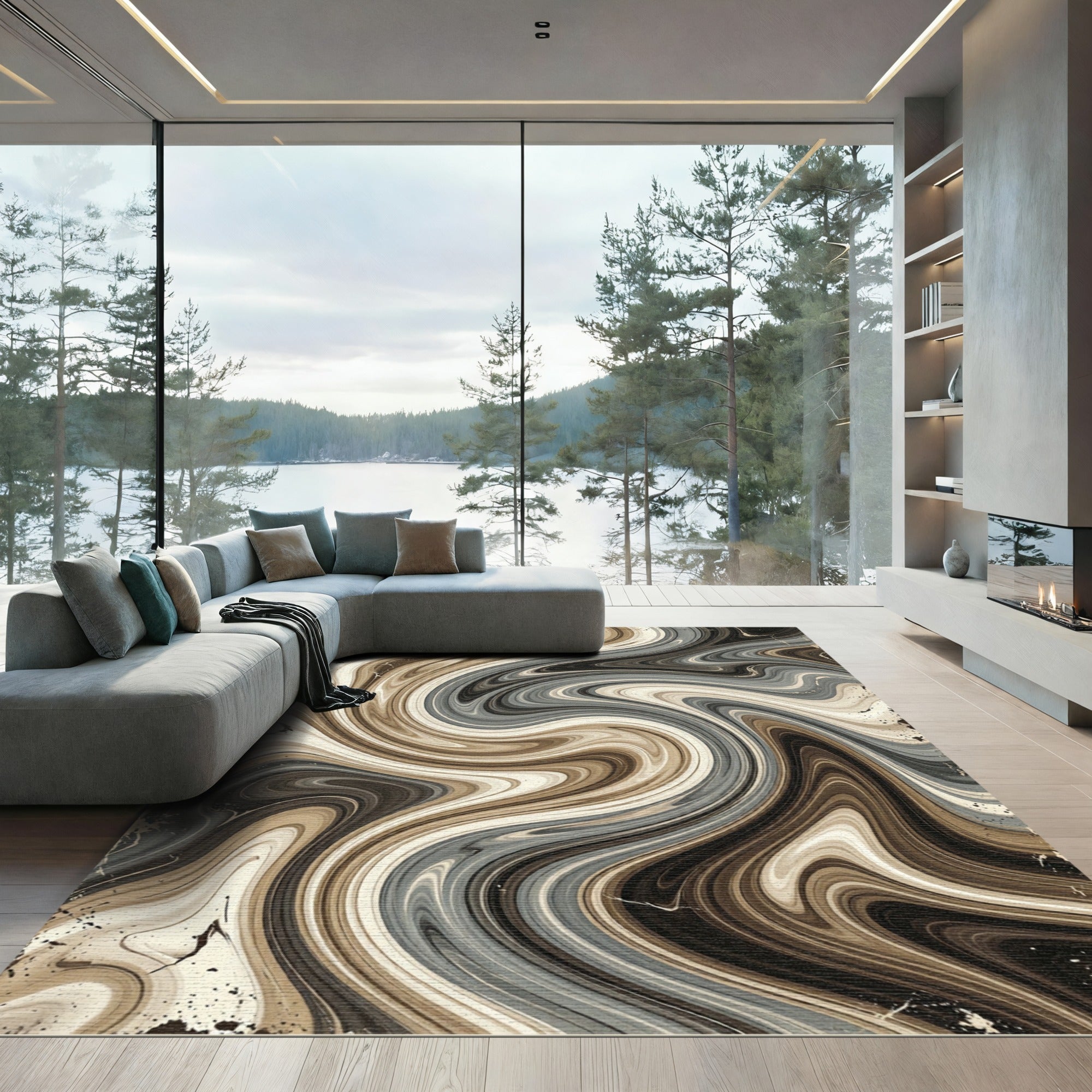 Modern Earthy Swirl Abstract Fluid Rug