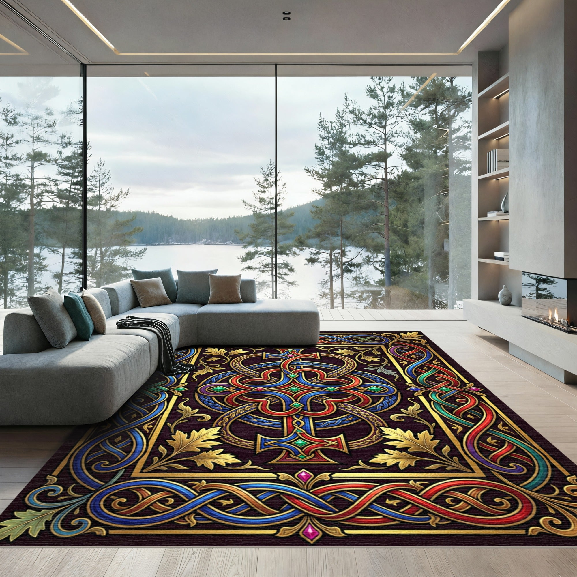 Ornate Celtic Knotted Gold Crimson Cross Rug