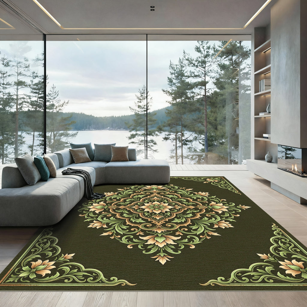 Ornate Green Floral Medallion Rug