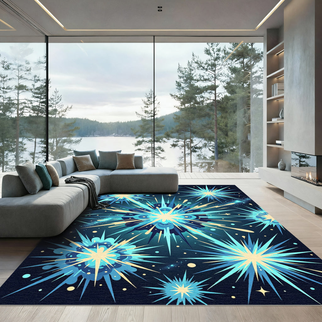 Exploding Cyan Starburst Cosmic Blast Rug