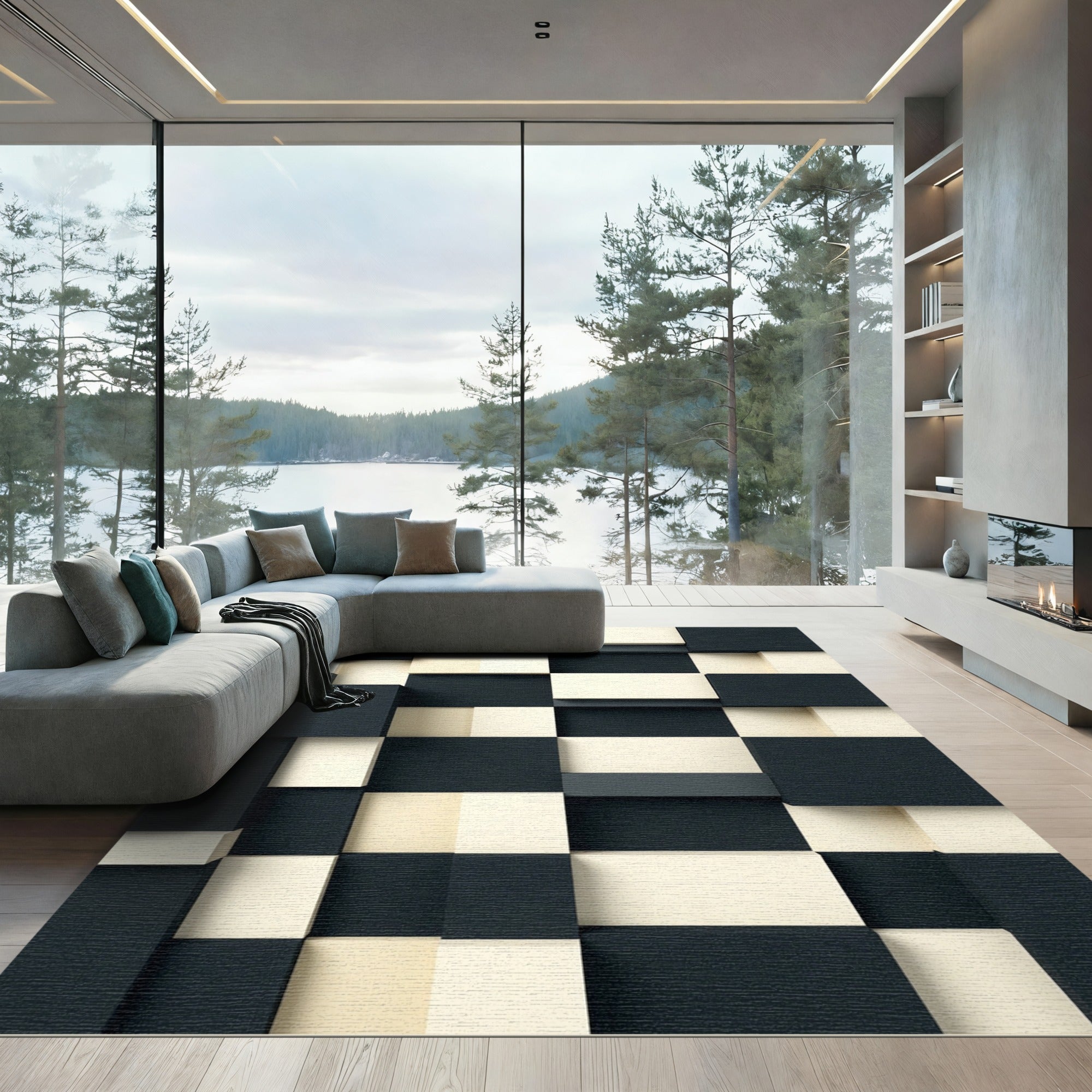 Dark Ivory Geometric Block Surface Rug