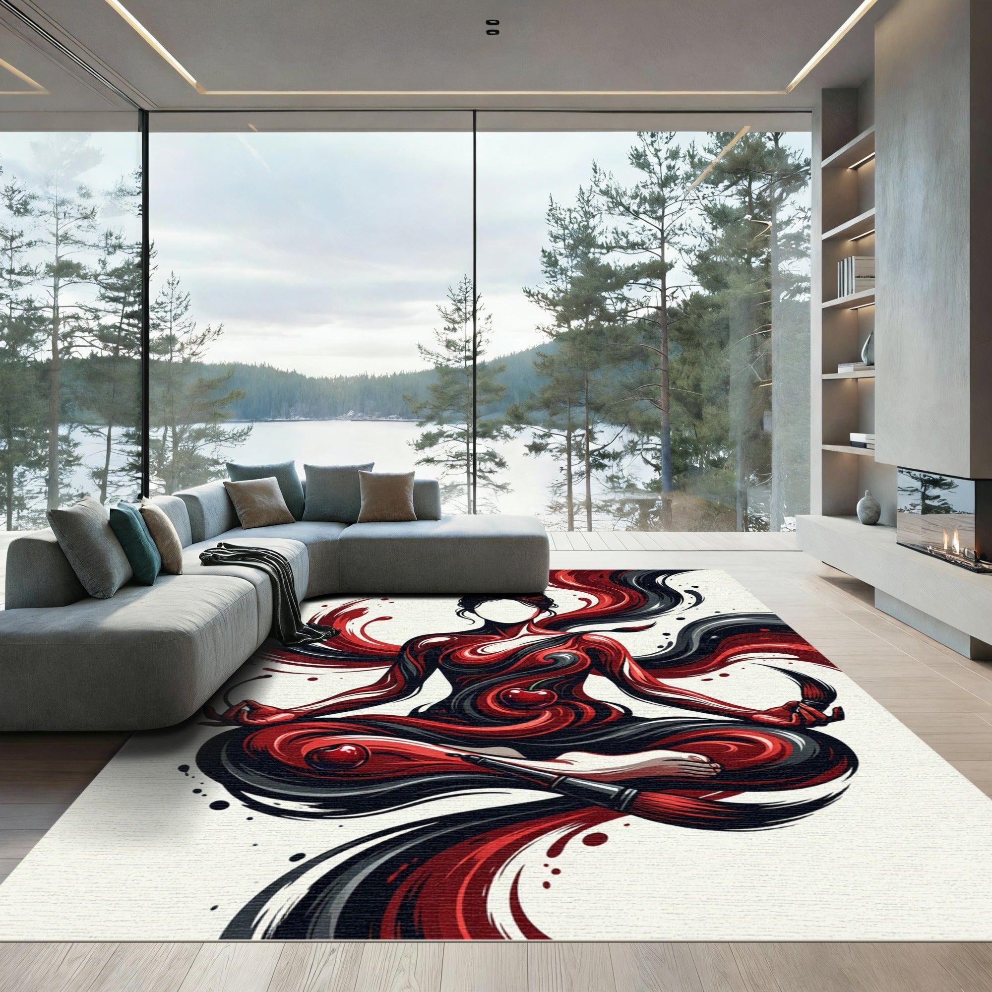 Zen Cherry Ink Flow Abstract Art Rug