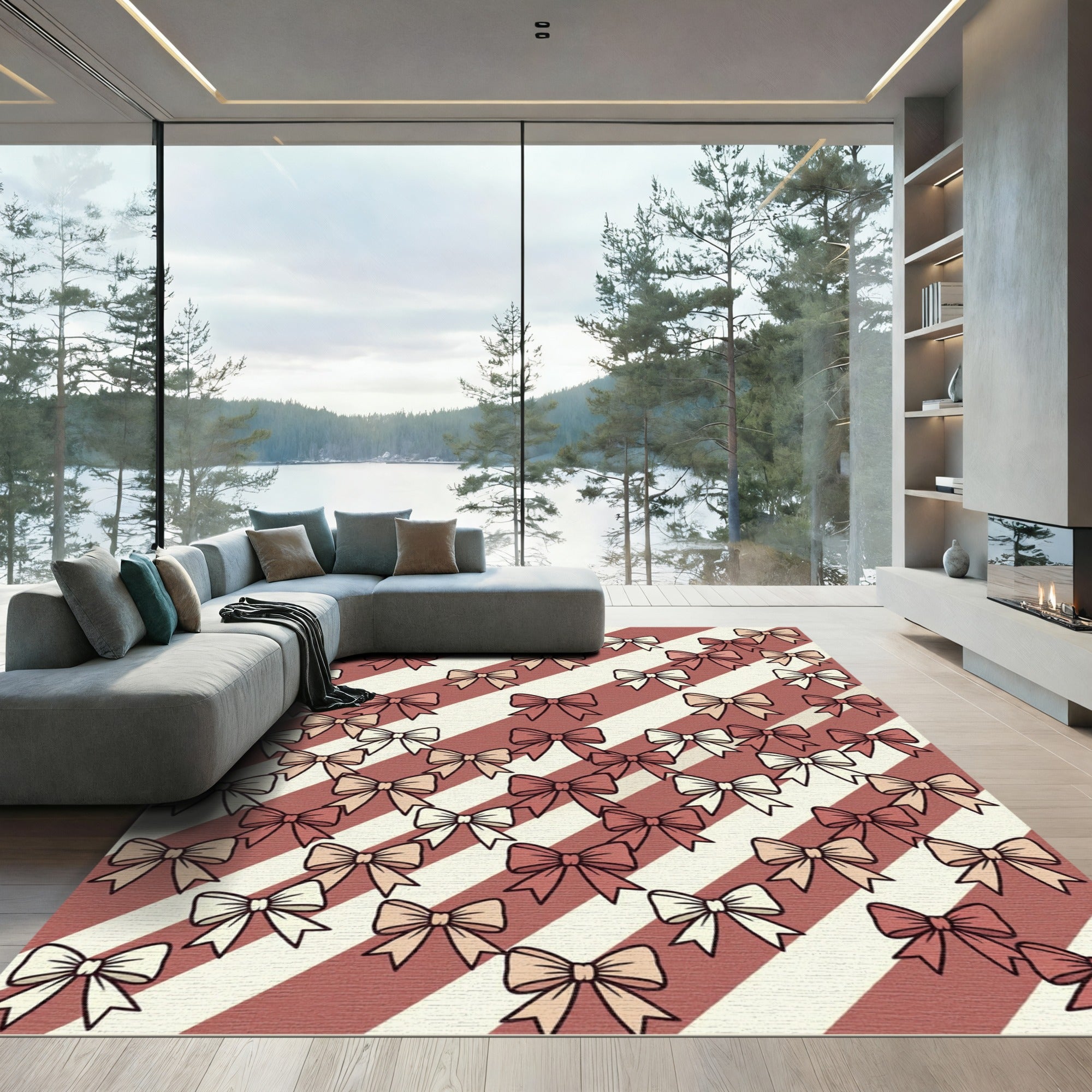 Dusty Pink Striped Bow Accent Rug