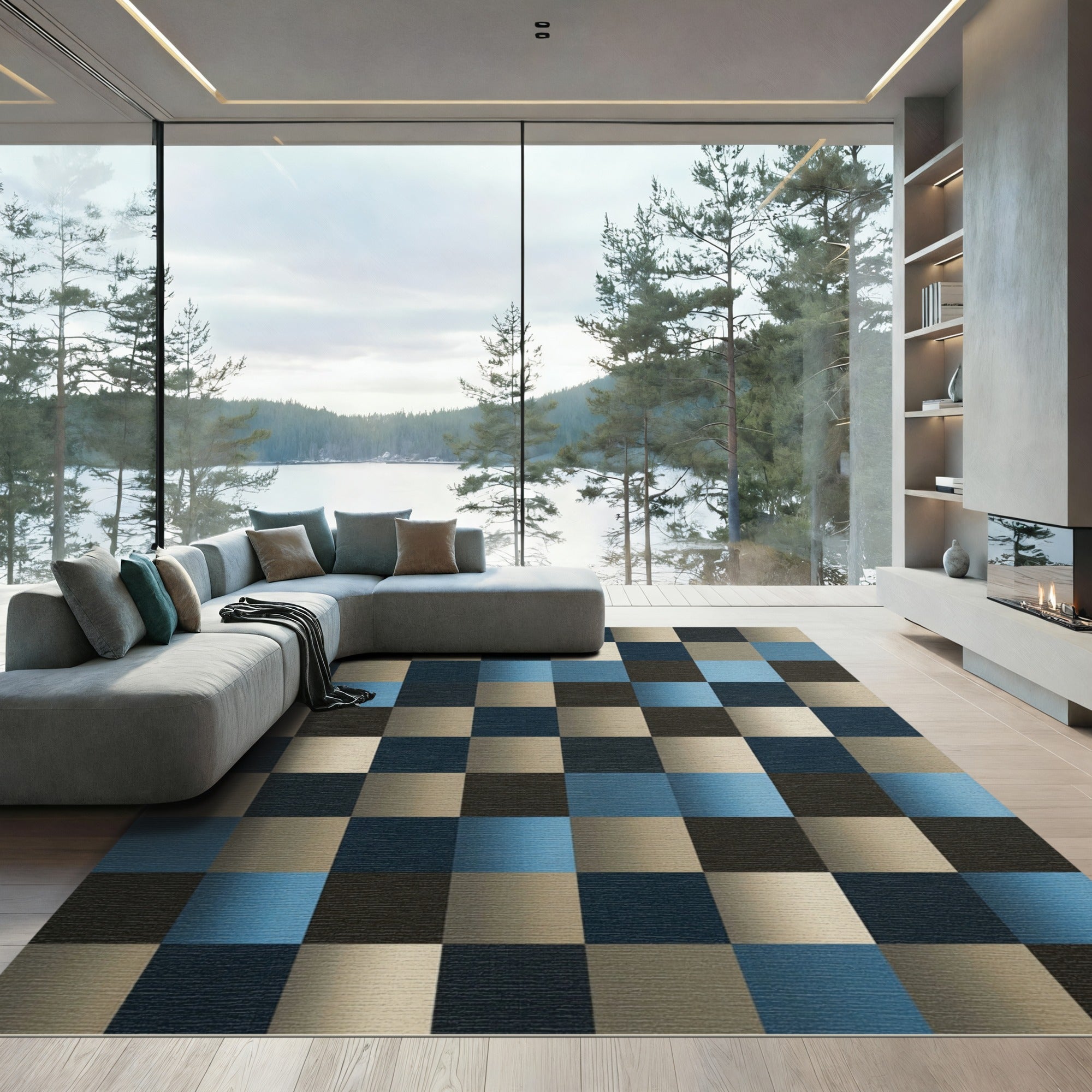 Geometric Block Grid Blue Neutral Rug