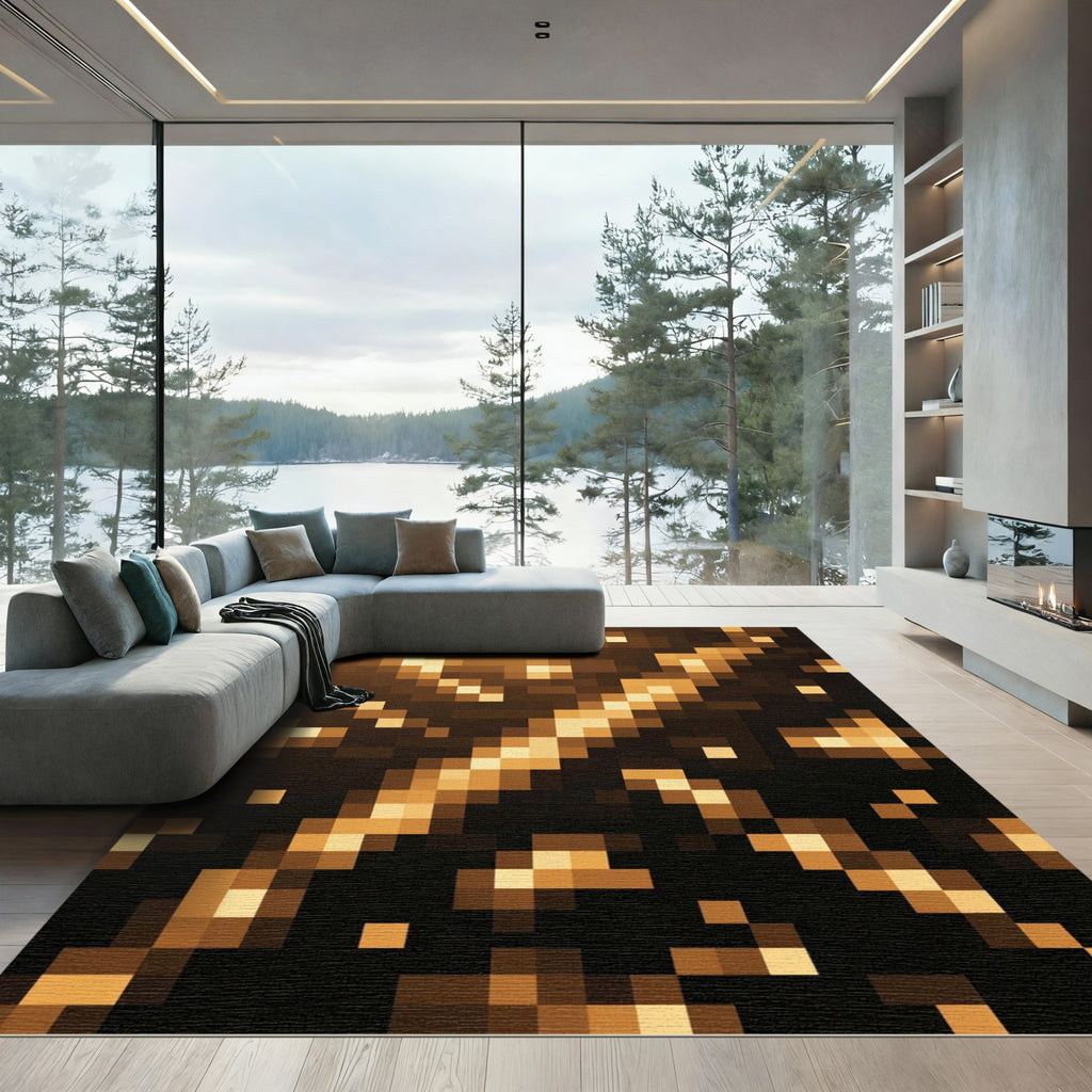 Golden Brown Pixelated Abstract Streaks Rug