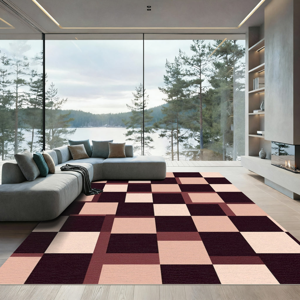 Geometric Checkerboard Rose Gold Squares Rug
