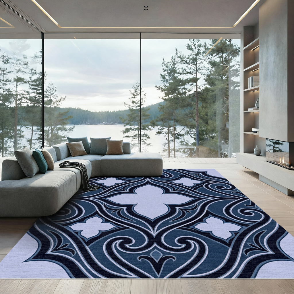 Midnight Navy Damask Quatrefoil Scroll Rug