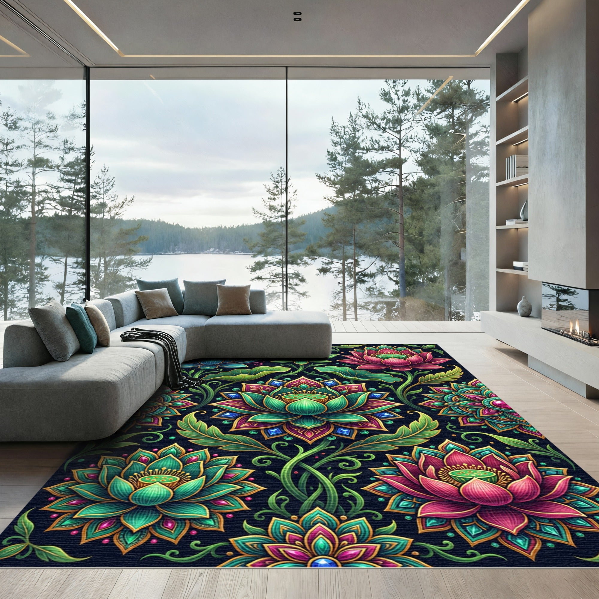 Vibrant Multicolored Lotus Blossom Jewel Medallion Rug