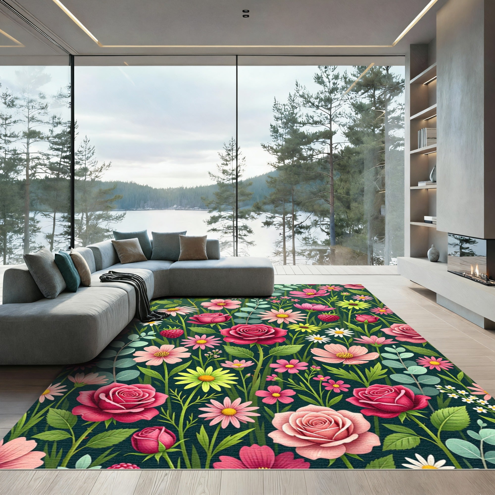 Lush Pink Rose and Berry Meadow Rug
