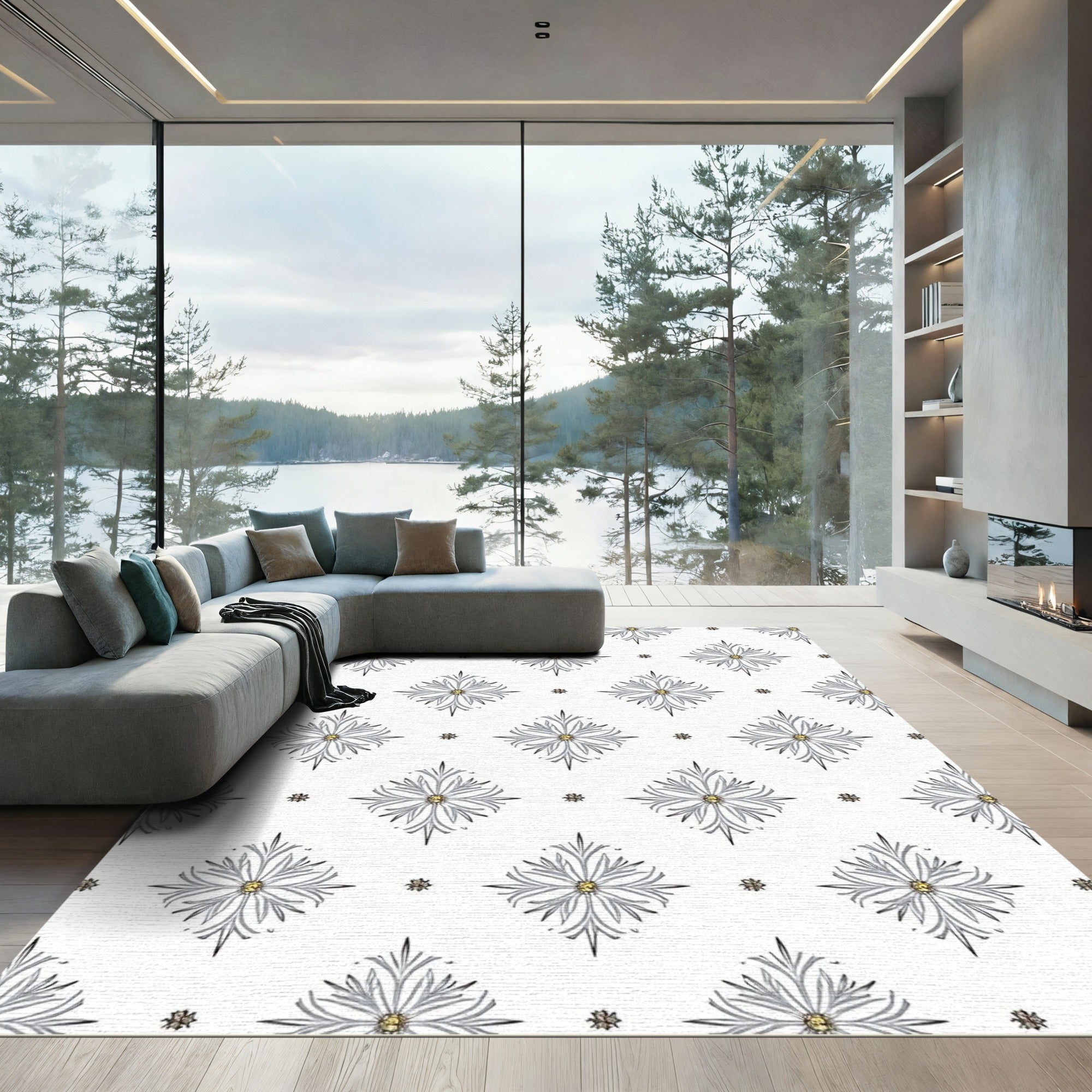 Silver Starburst Medallion White Rug