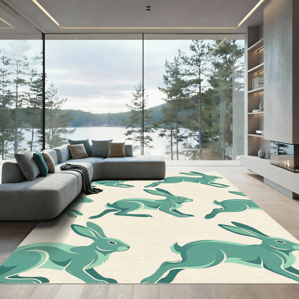 Sage Green Leaping Rabbit Illustration Rug