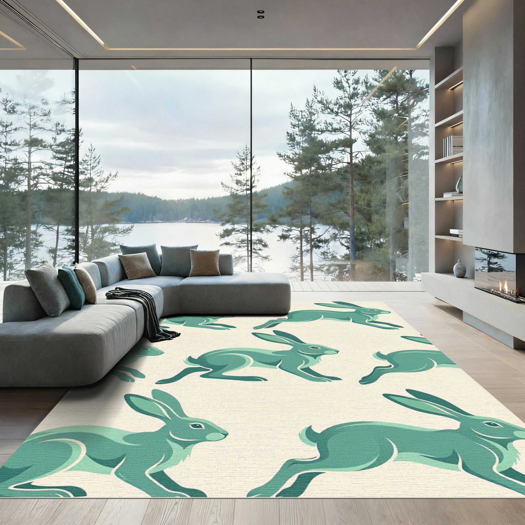 Sage Green Leaping Rabbit Illustration Rug