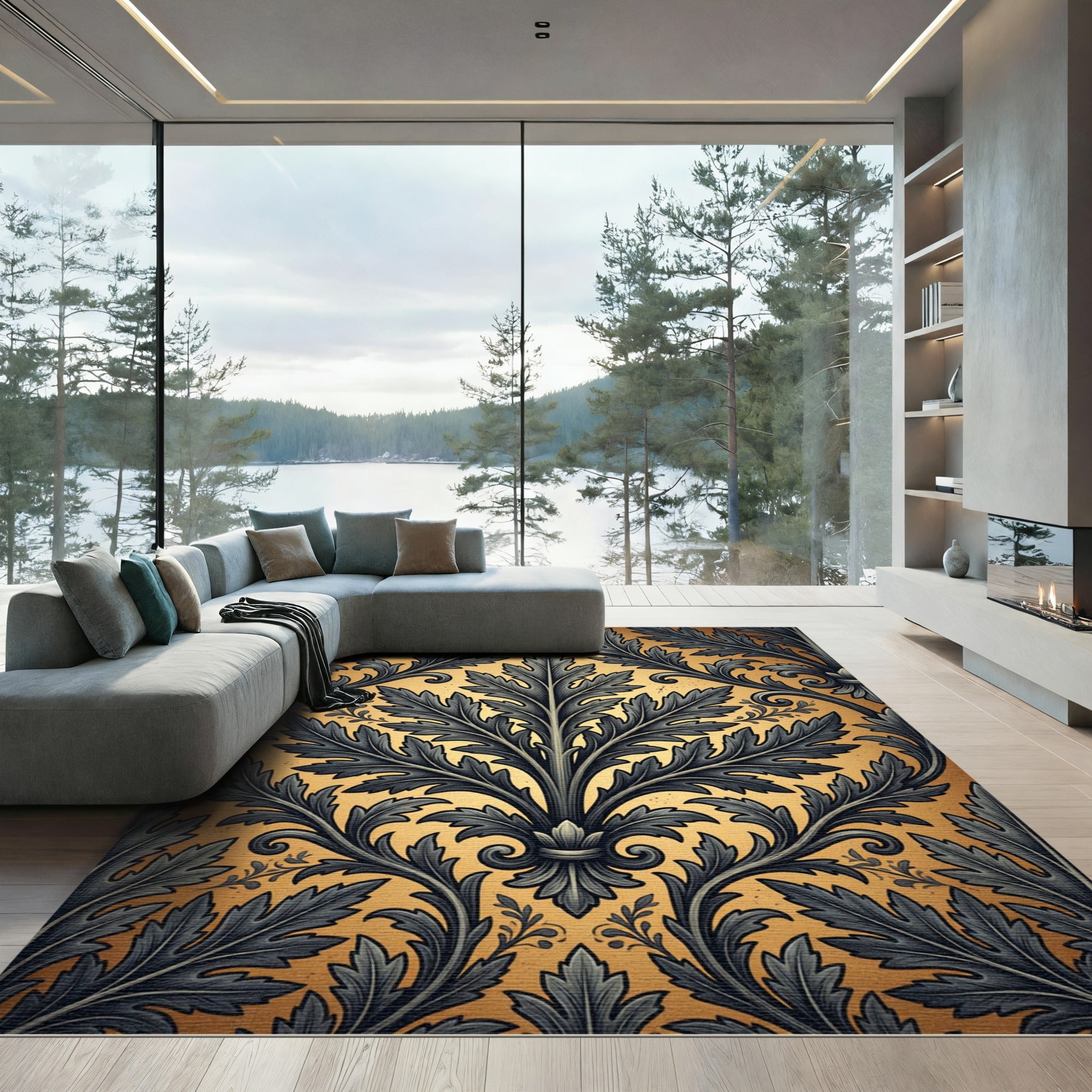 Gilded Charcoal Damask Acanthus Scroll Rug