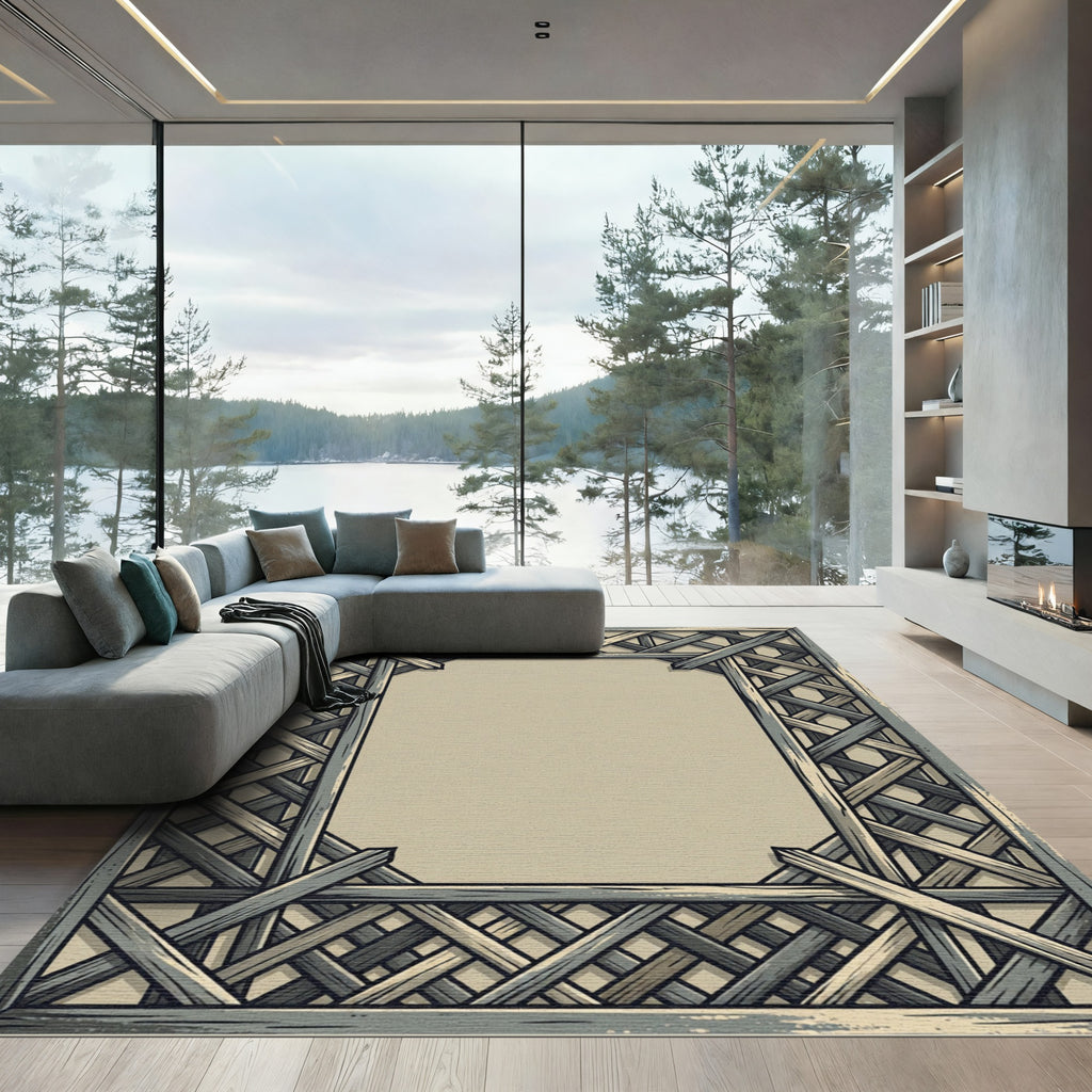 Rustic Gray Wood Lattice Border Rug