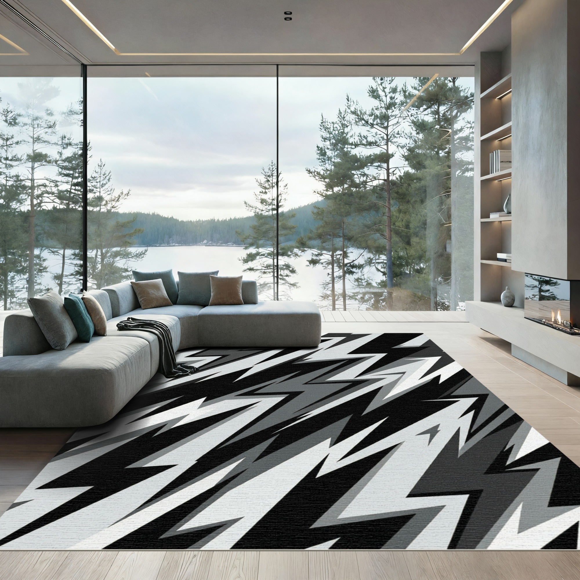 Monochrome Lightning Bolt Geometric Abstract Rug