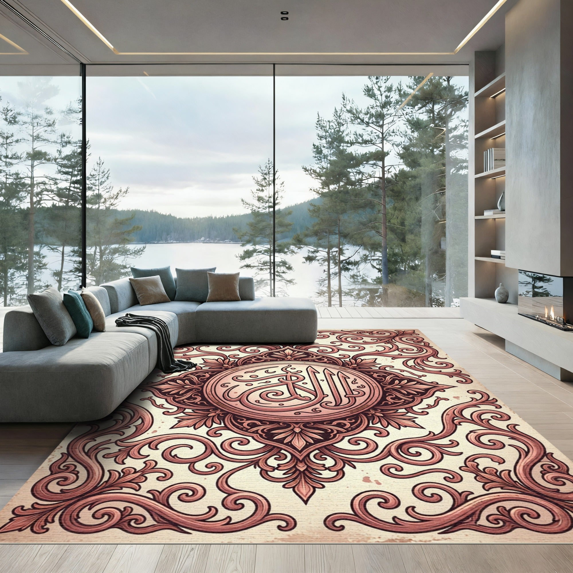 Intricate Rose Gold Ornate Calligraphy Medallion Rug