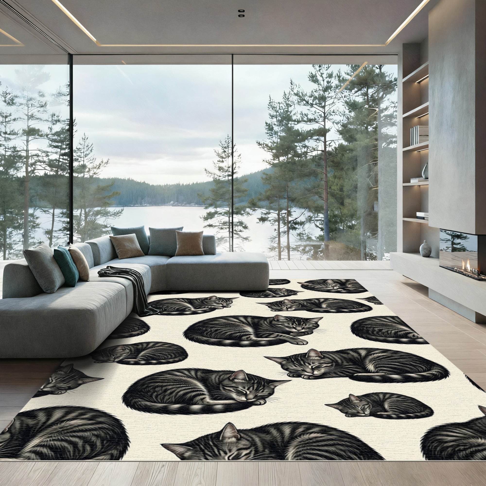 Charcoal Sleeping Tabby Cat Illustration Rug