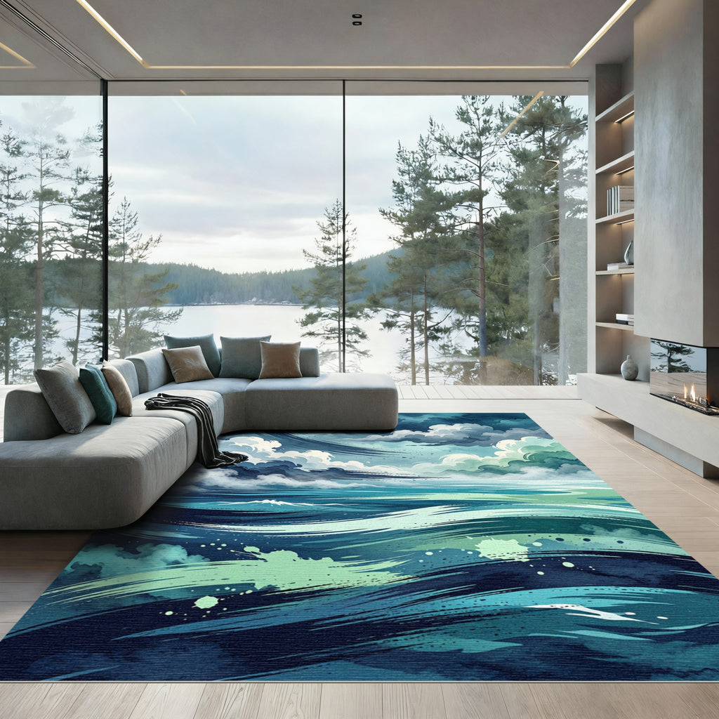 Turbulent Azure Sky And Sea Brushstrokes Rug