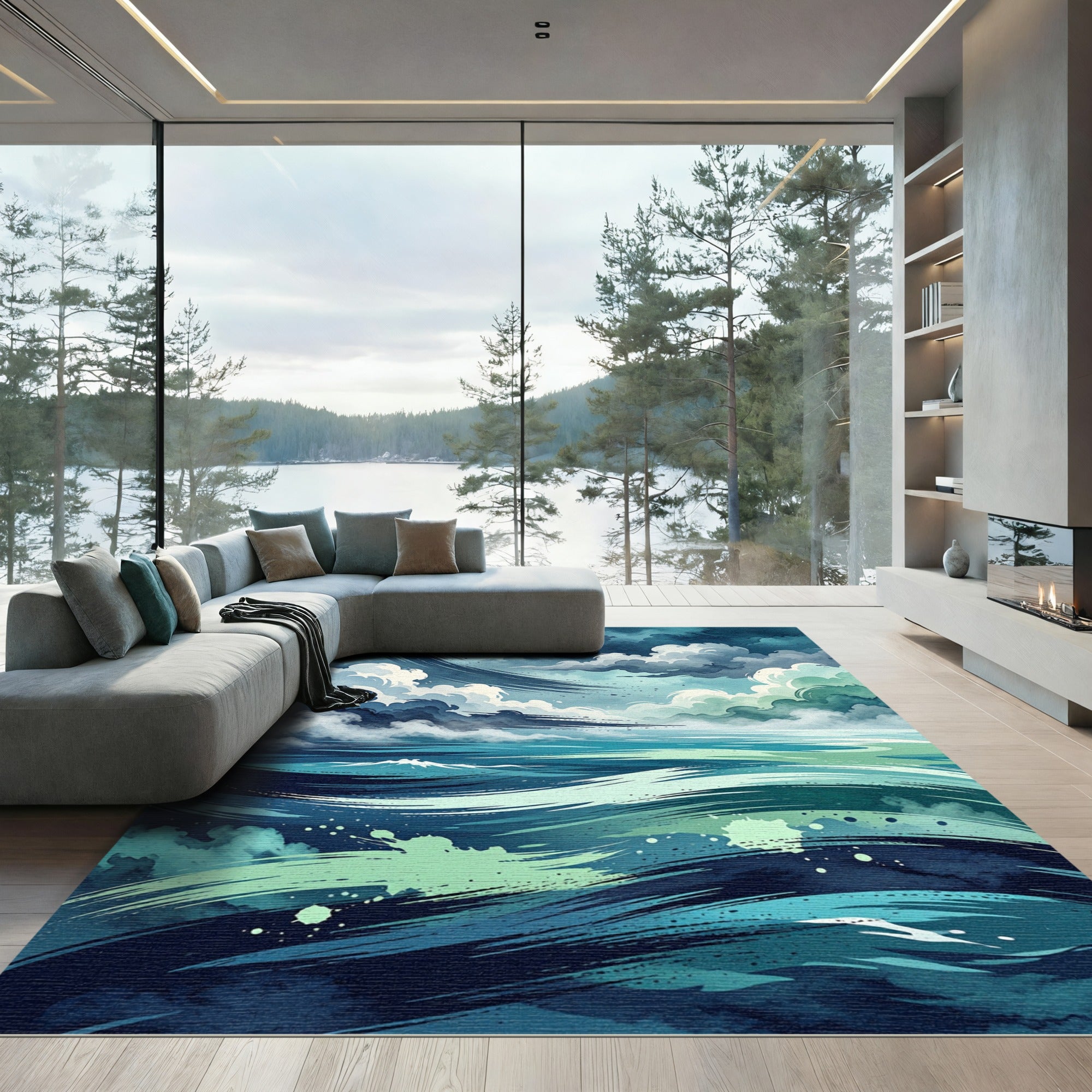 Turbulent Azure Sky And Sea Brushstrokes Rug