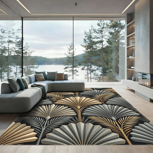 Art Deco Gold Silver Fan Fern Rug
