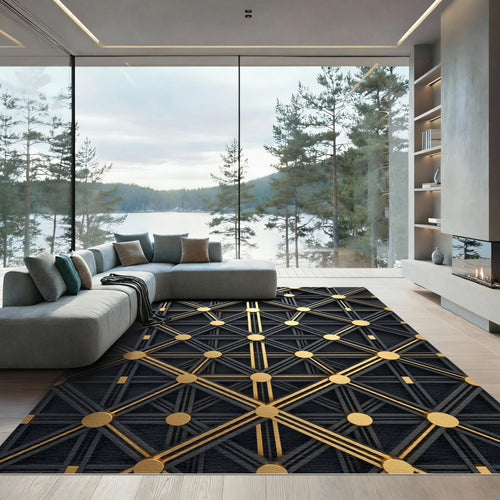 Black Gold Geometric Interlinking Circles Rug