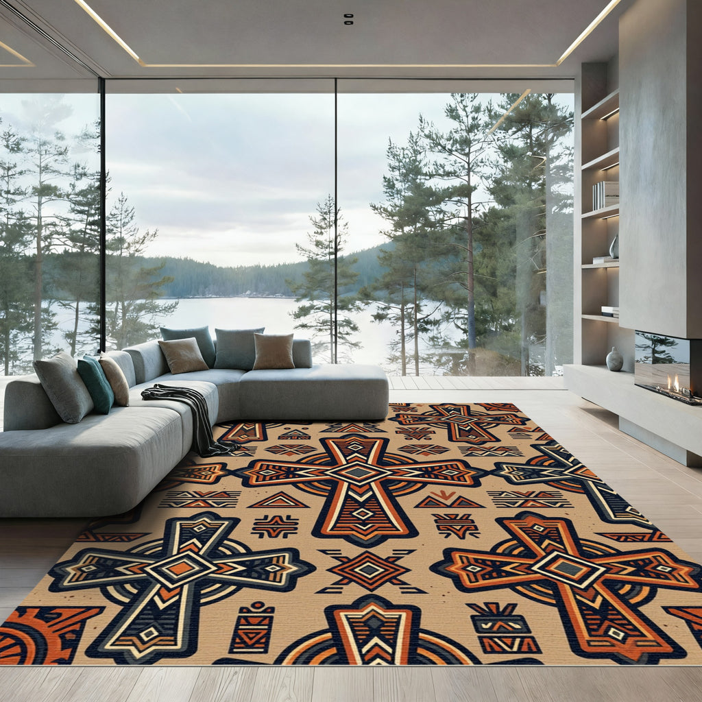 Geometric Ochre Tribal Cross Ornate Tile Rug