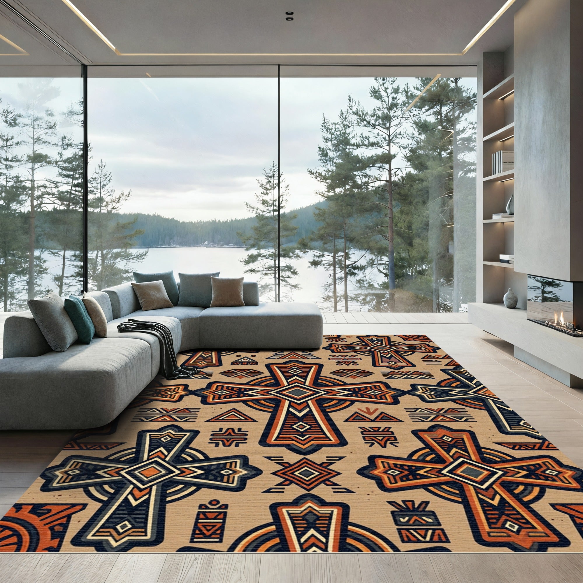 Geometric Ochre Tribal Cross Ornate Tile Rug