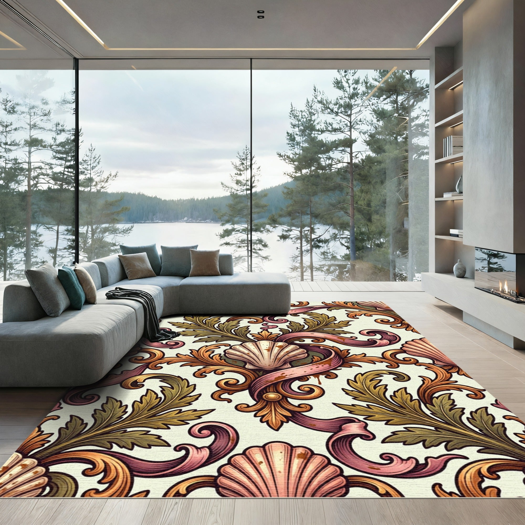Pink Shell Gold Acanthus Scroll Damask Rug