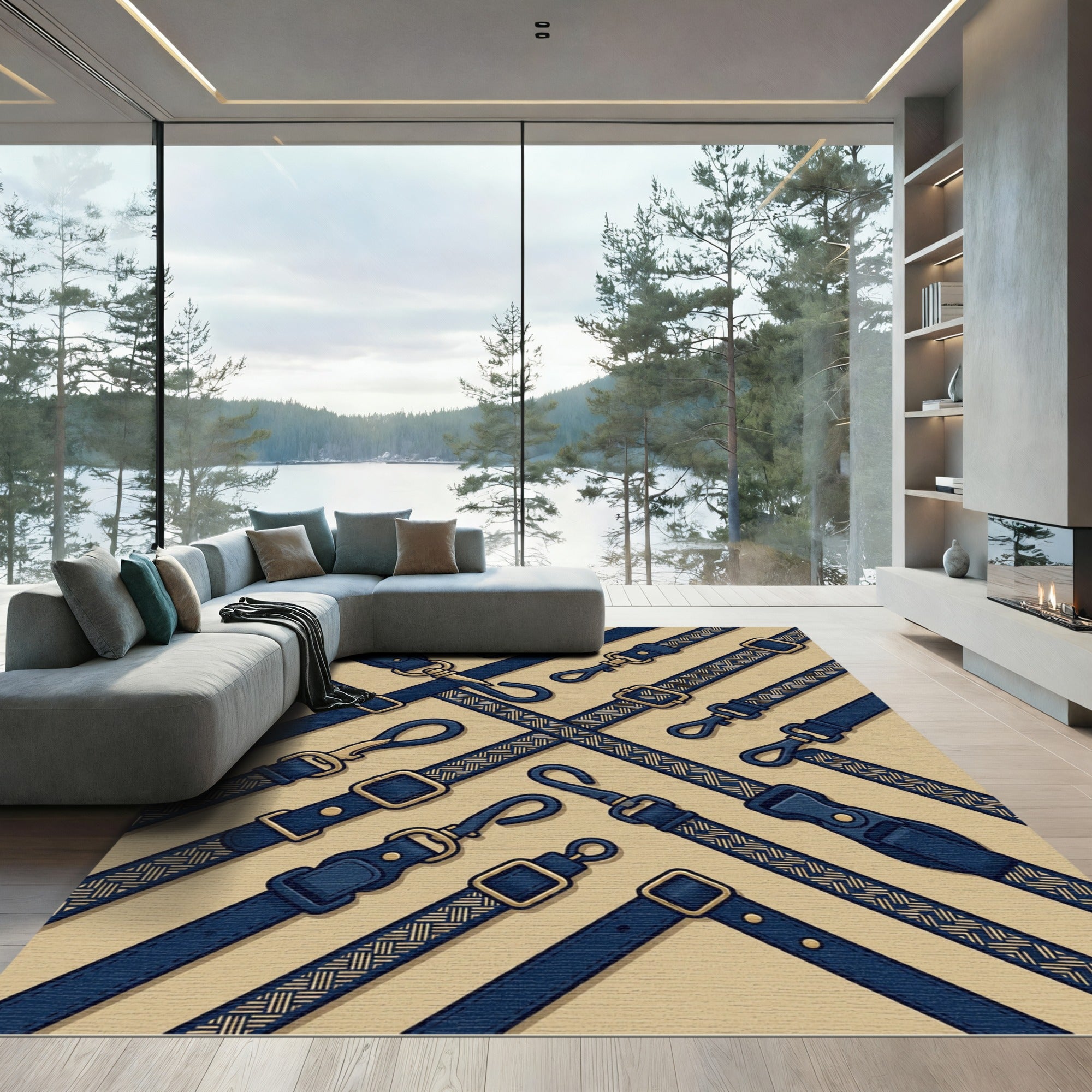 Navy Geometric Braided Strap Grid Rug