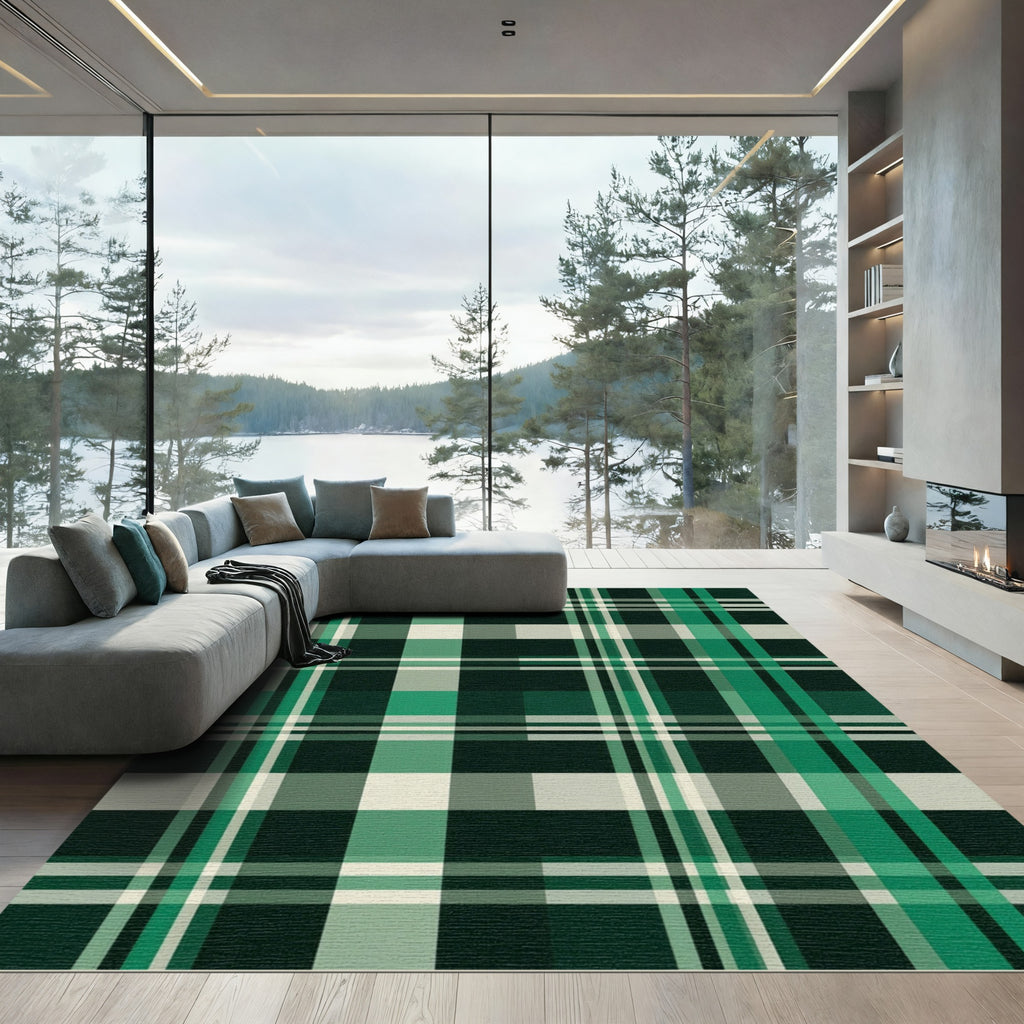 Emerald Forest Green Plaid Grid Rug