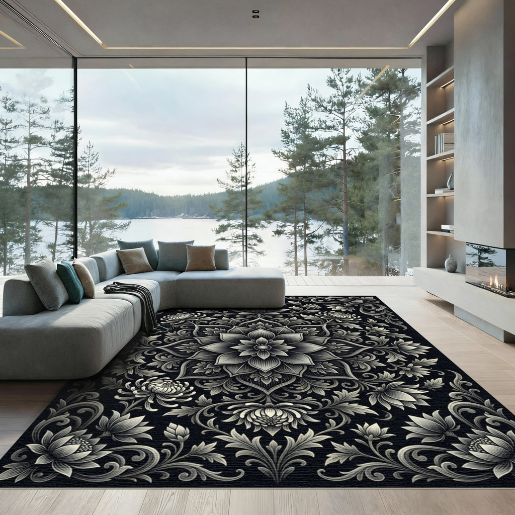 Ornate Black Bloom Mandala Rug