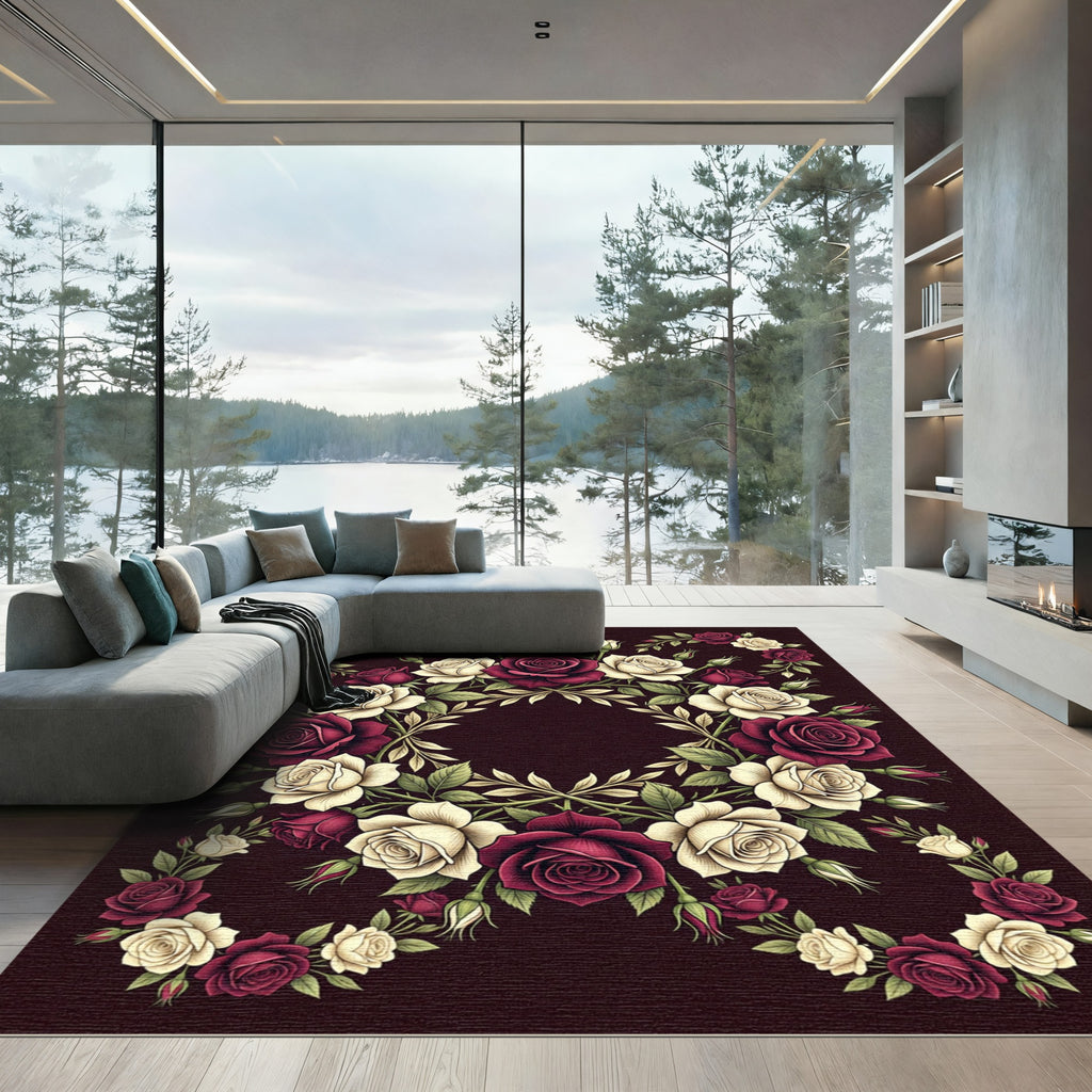 Maroon Cream Rose Wreath Arrangement Rug