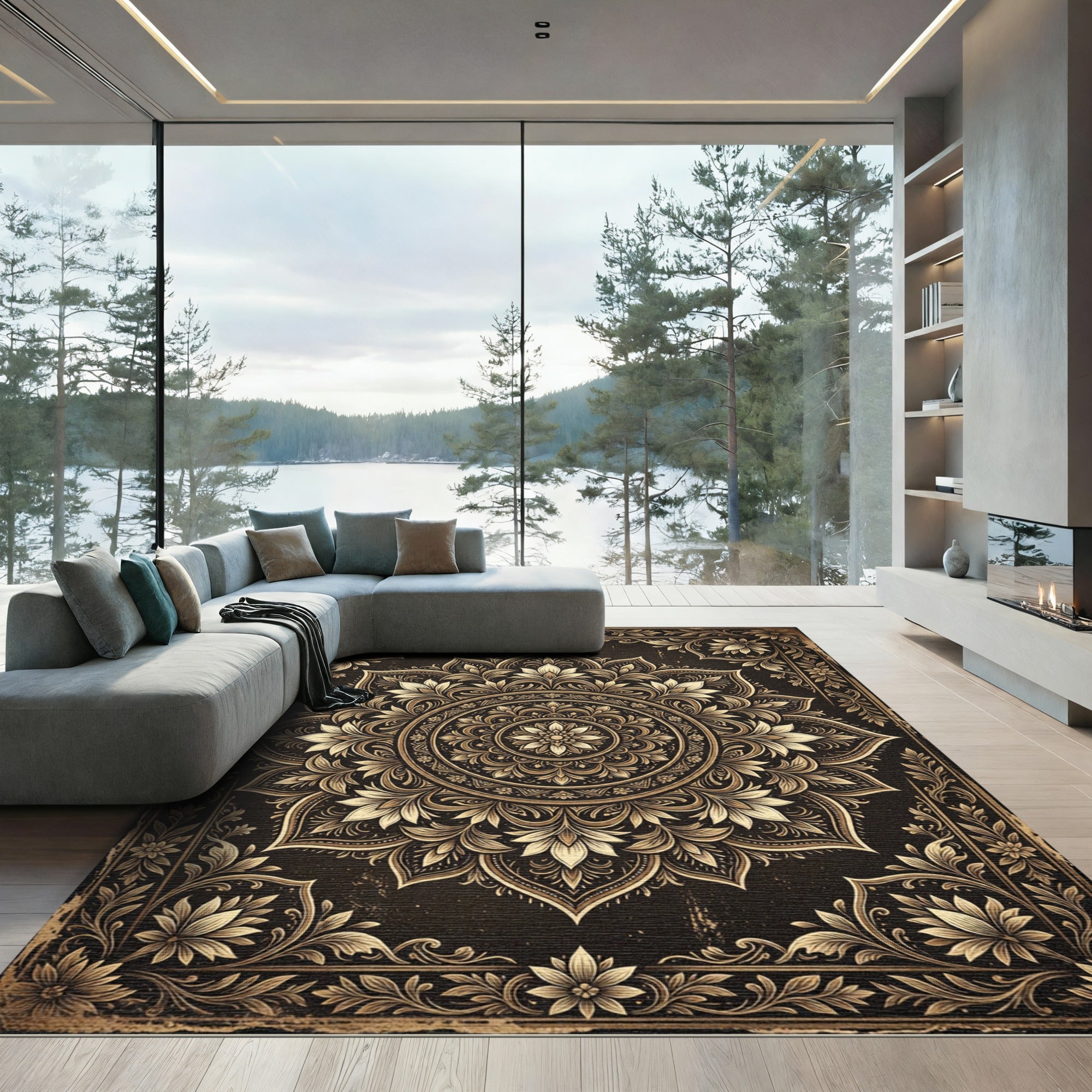 Ornate Gold Floral Mandala Medallion Rug