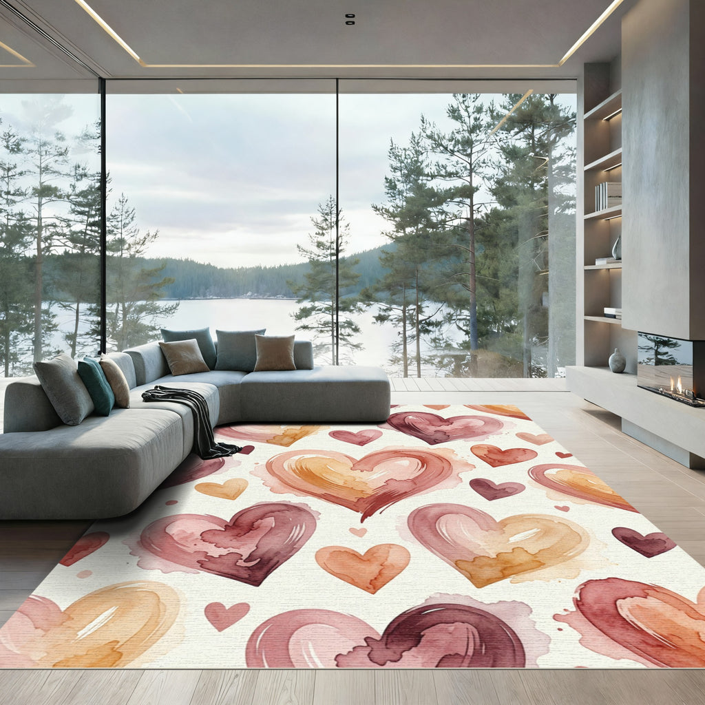Watercolor Hearts Earthy Tones Aesthetic Rug