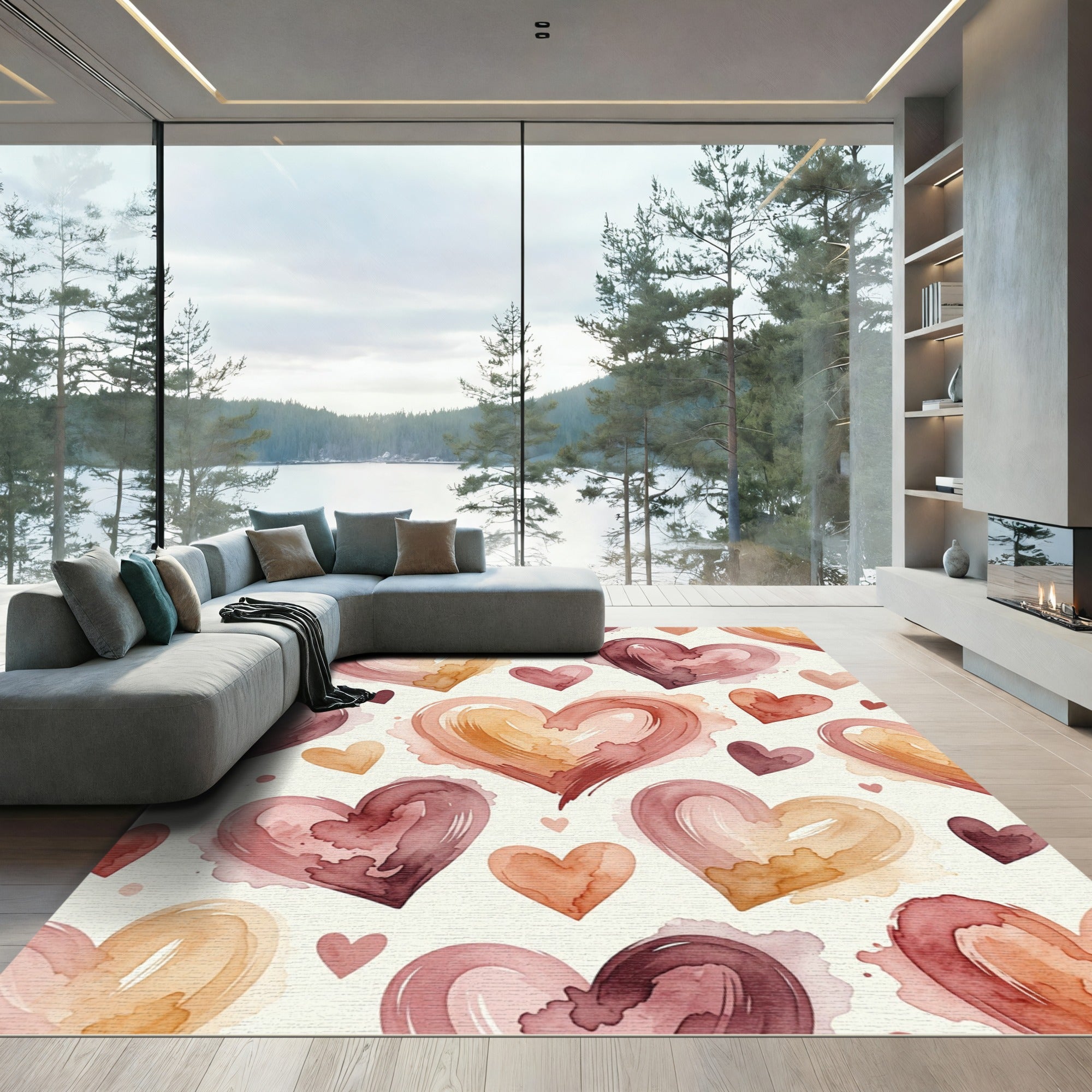 Watercolor Hearts Earthy Tones Aesthetic Rug