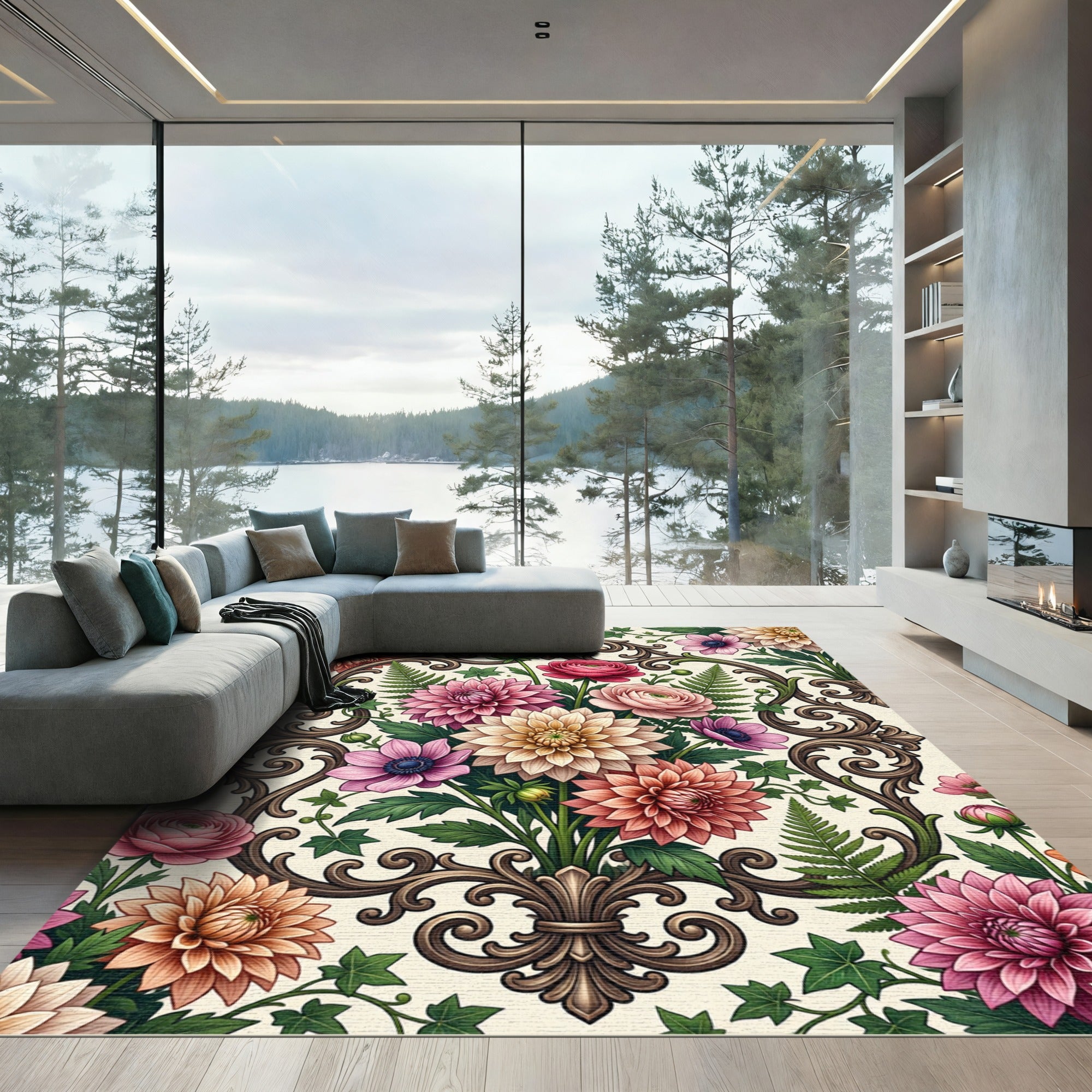 Vintage Floral Scrollwork Botanical Arrangement Rug