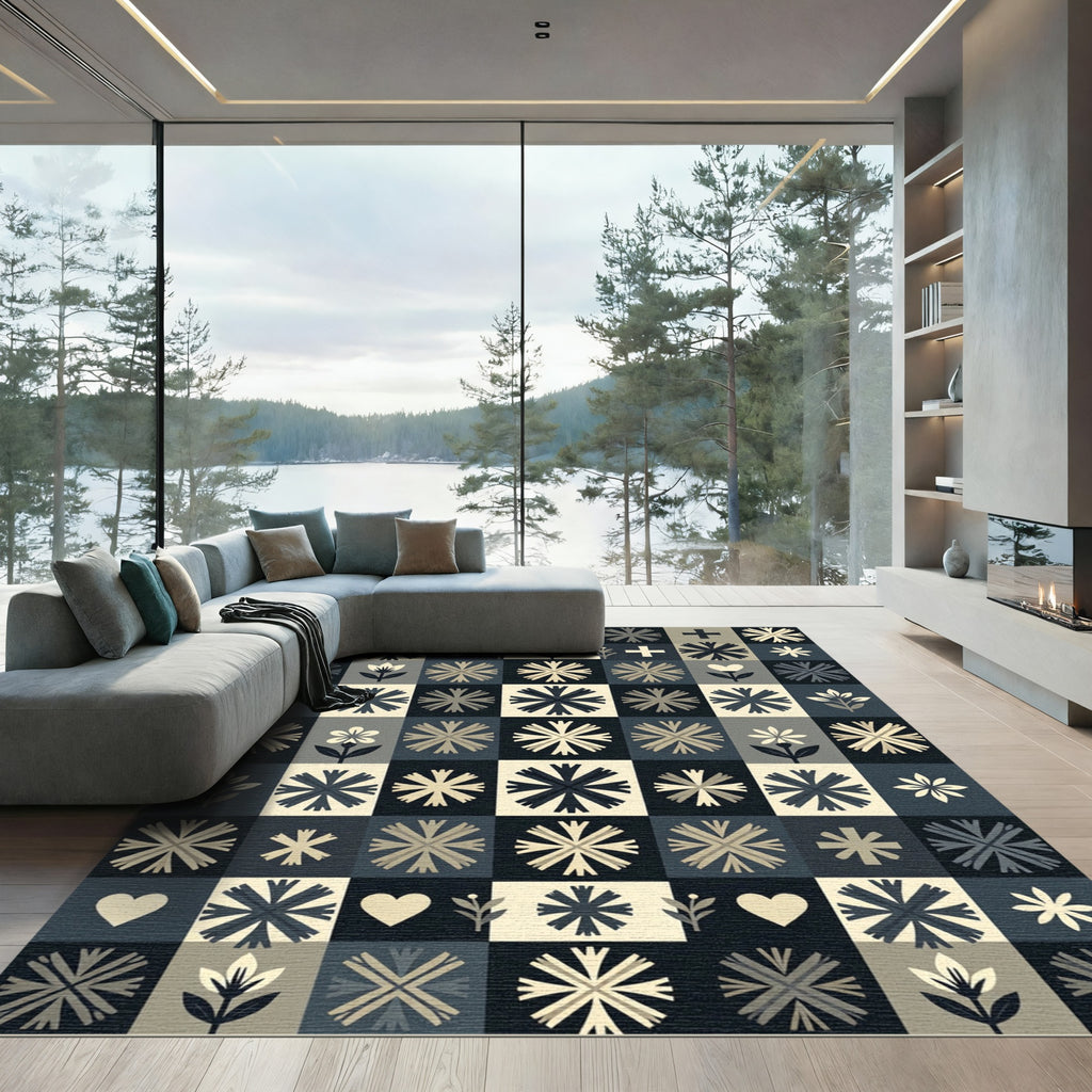 Neutral Block Floral Heart Cross Tones Rug