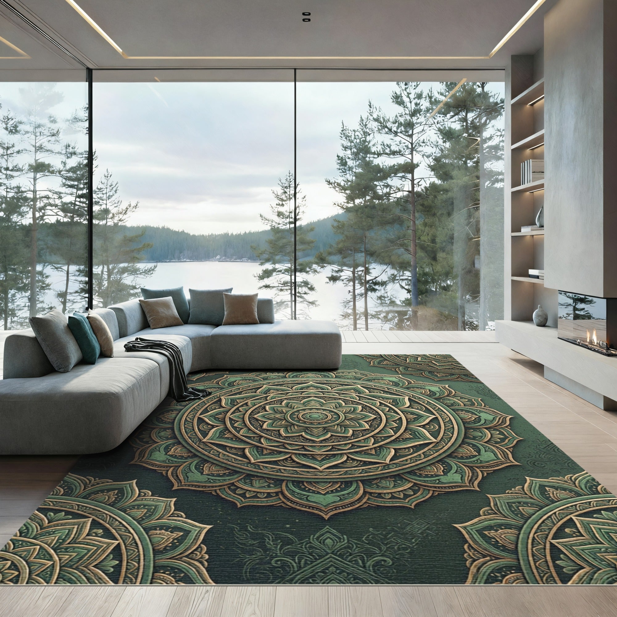 Sage Green Ornamental Floral Mandala Rug