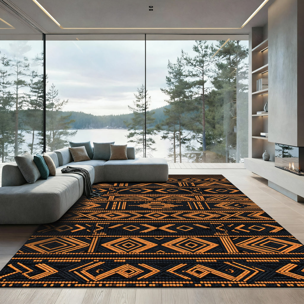 Bold Orange And Black Geometric Tribal Rug