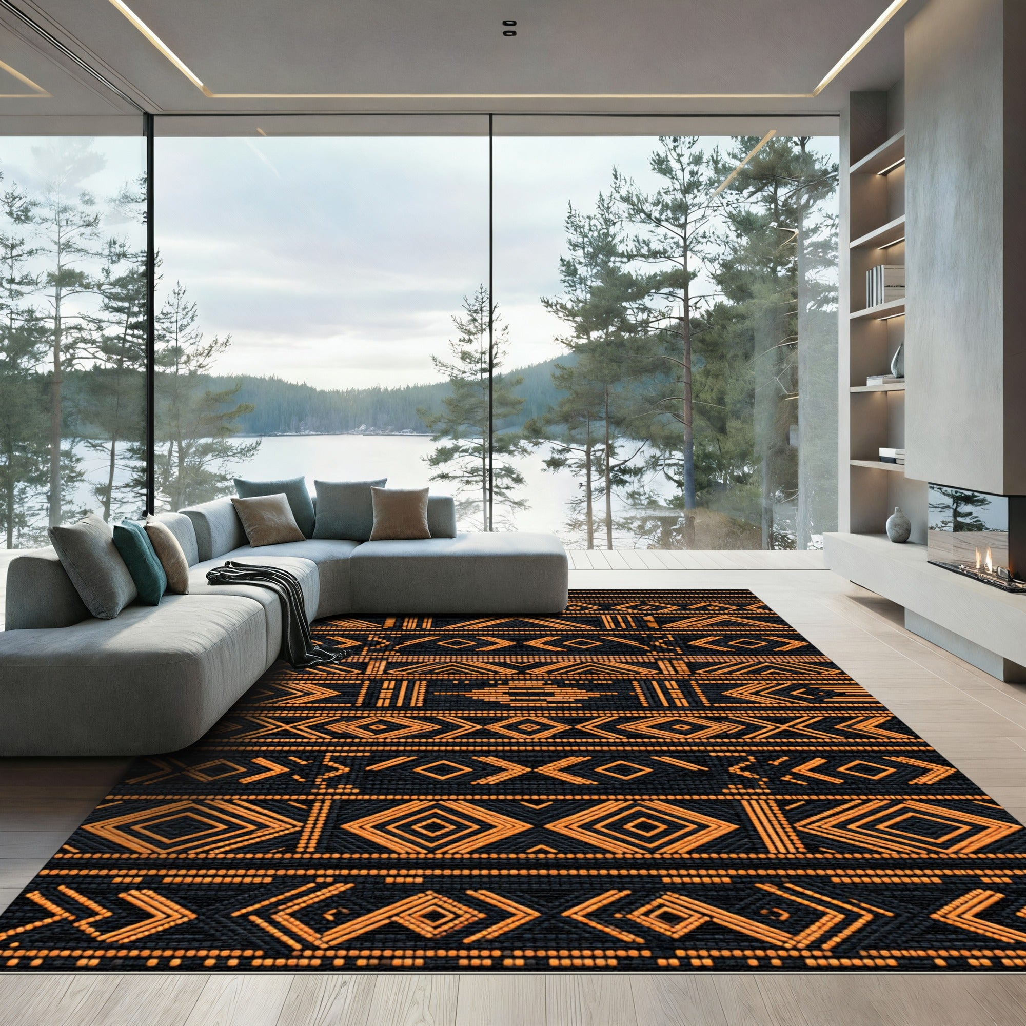 Bold Orange And Black Geometric Tribal Rug