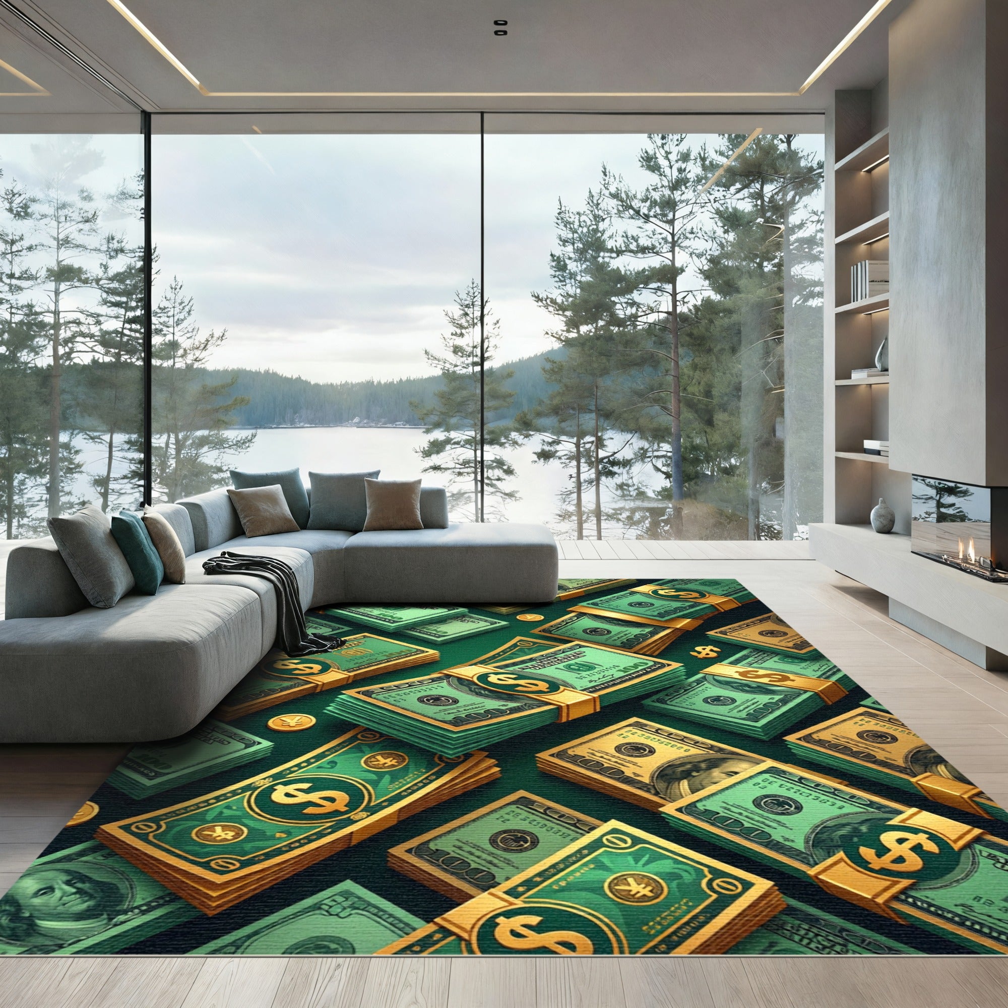 Floating Emerald Hundred Dollar Bill Stack Rug