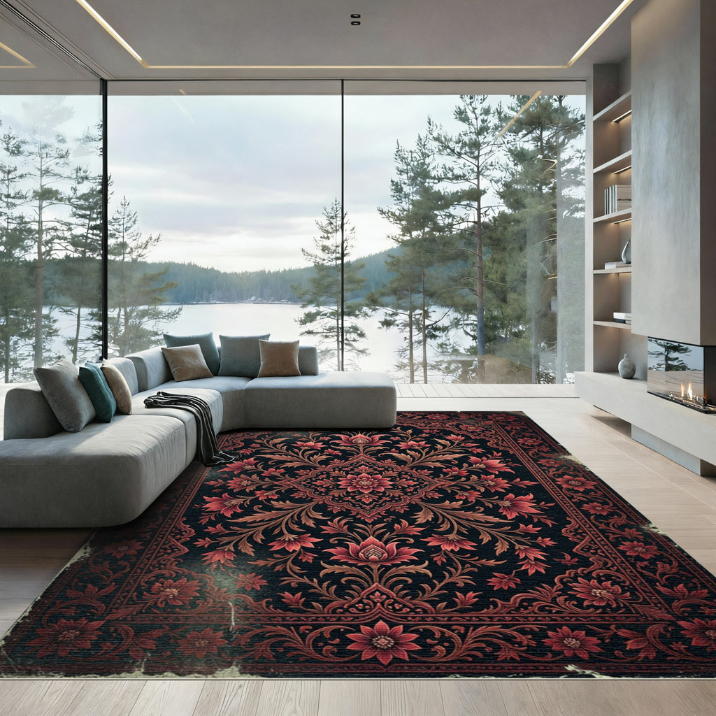 Dark Crimson Floral Medallion Tapestry Rug