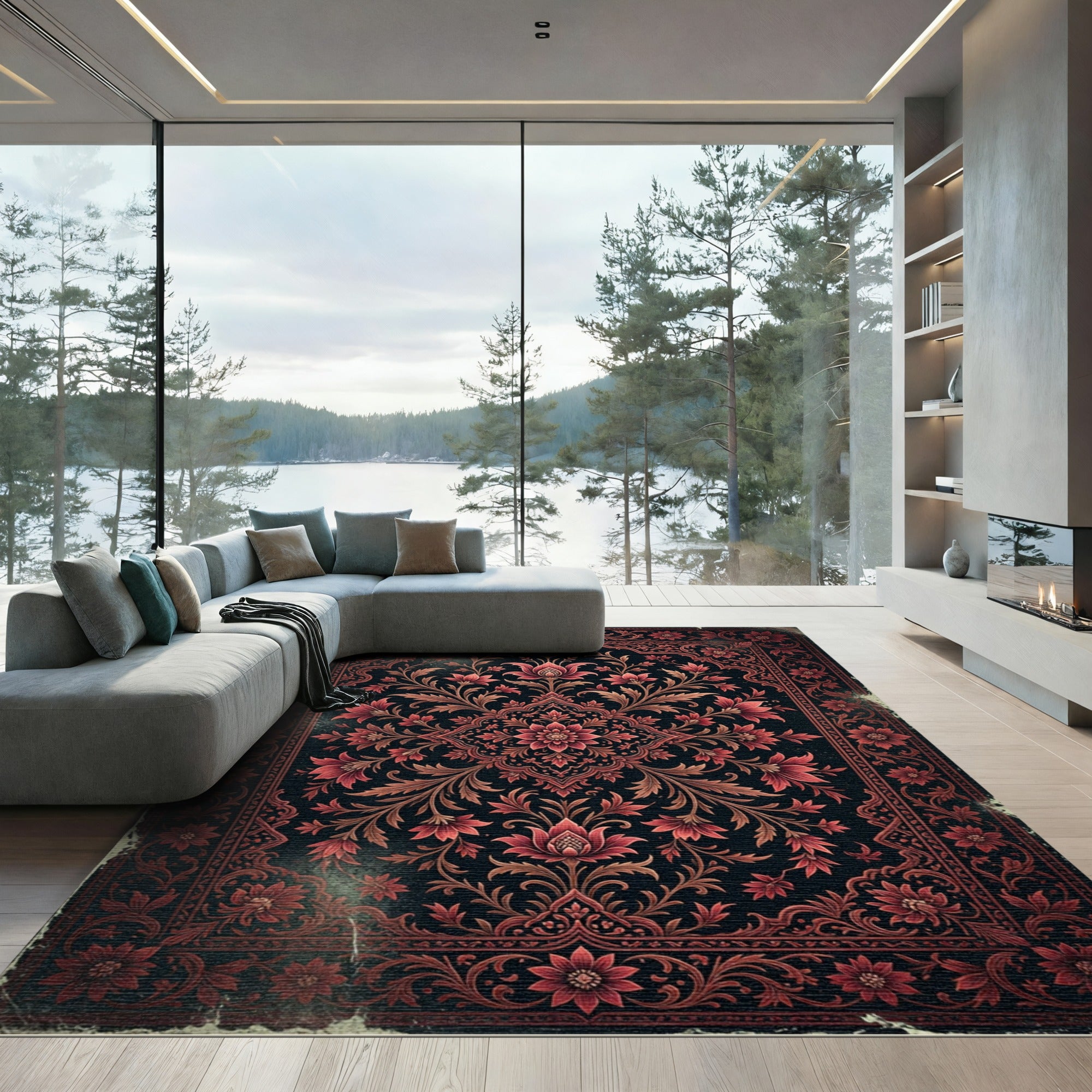 Dark Crimson Floral Medallion Tapestry Rug